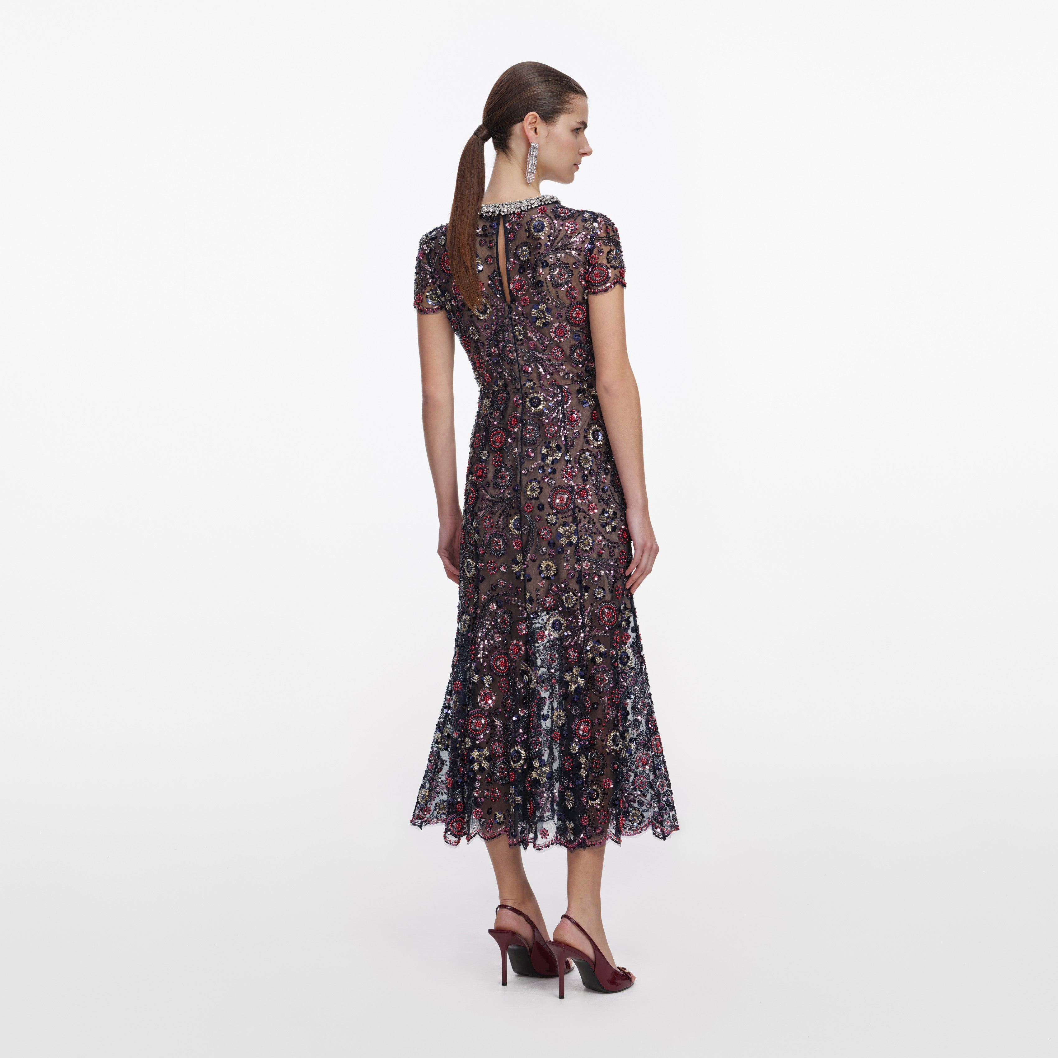 Self Portrait Kleid Marine Floral Midi Pailletten