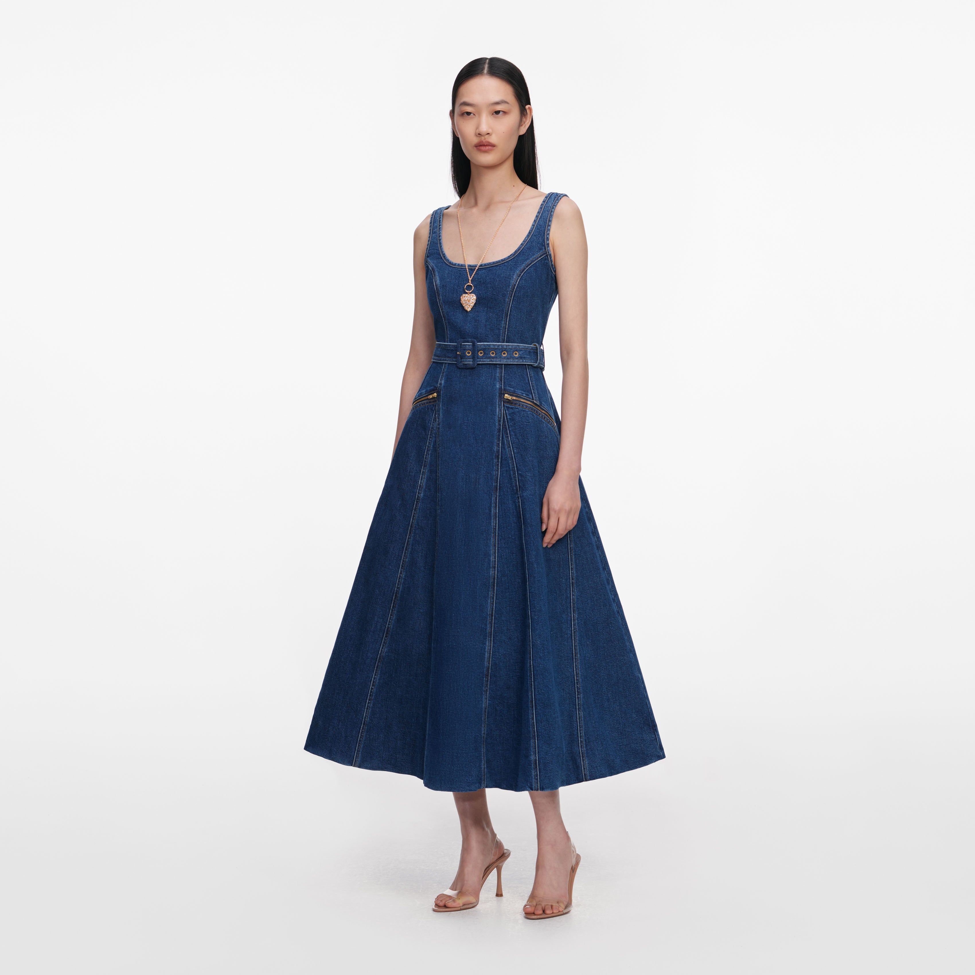 Self Portrait Denim Flared Belted Midi Jeanskleid Blau UK 12