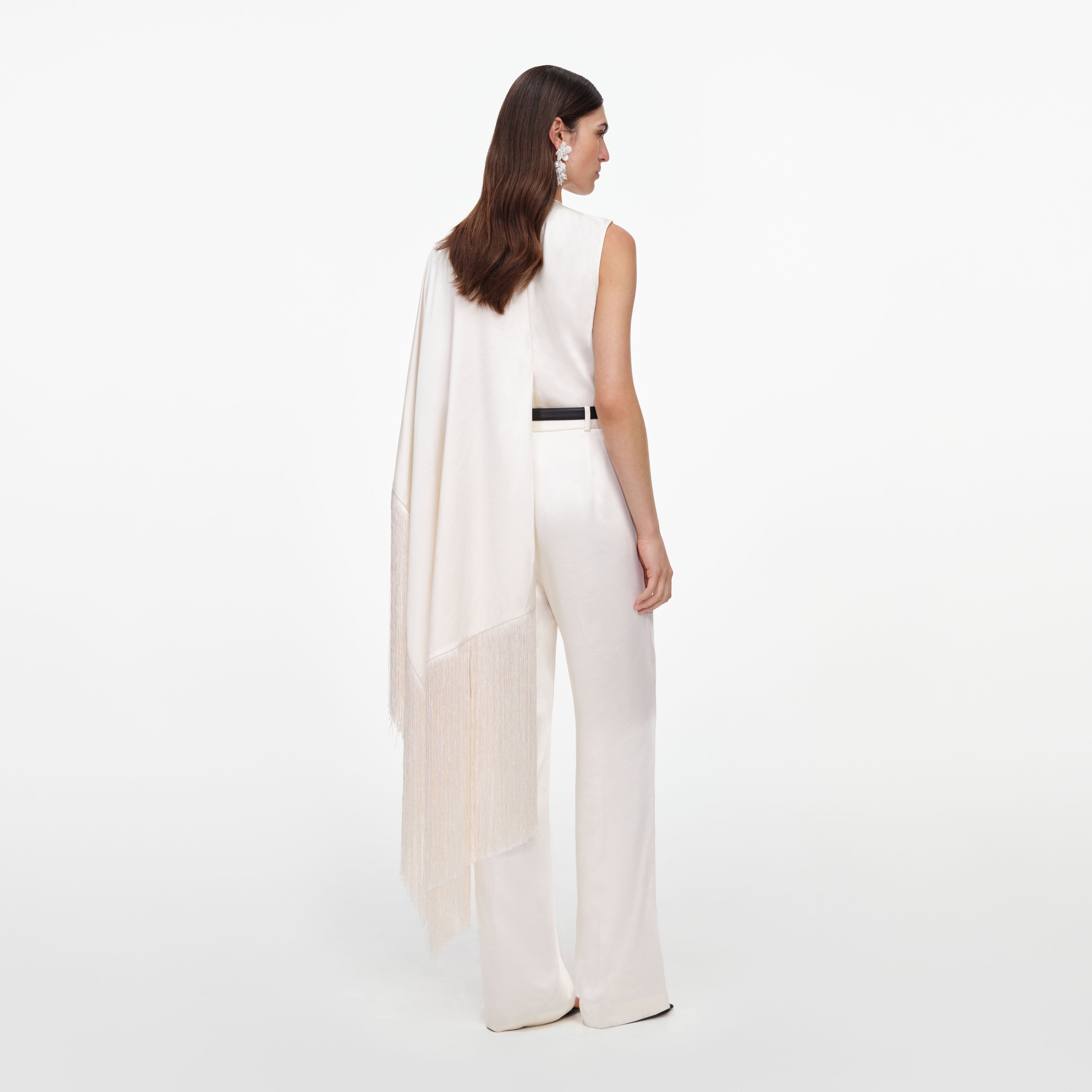 Self Portrait Tops Cream Satin Fringed Scarf Top Creme