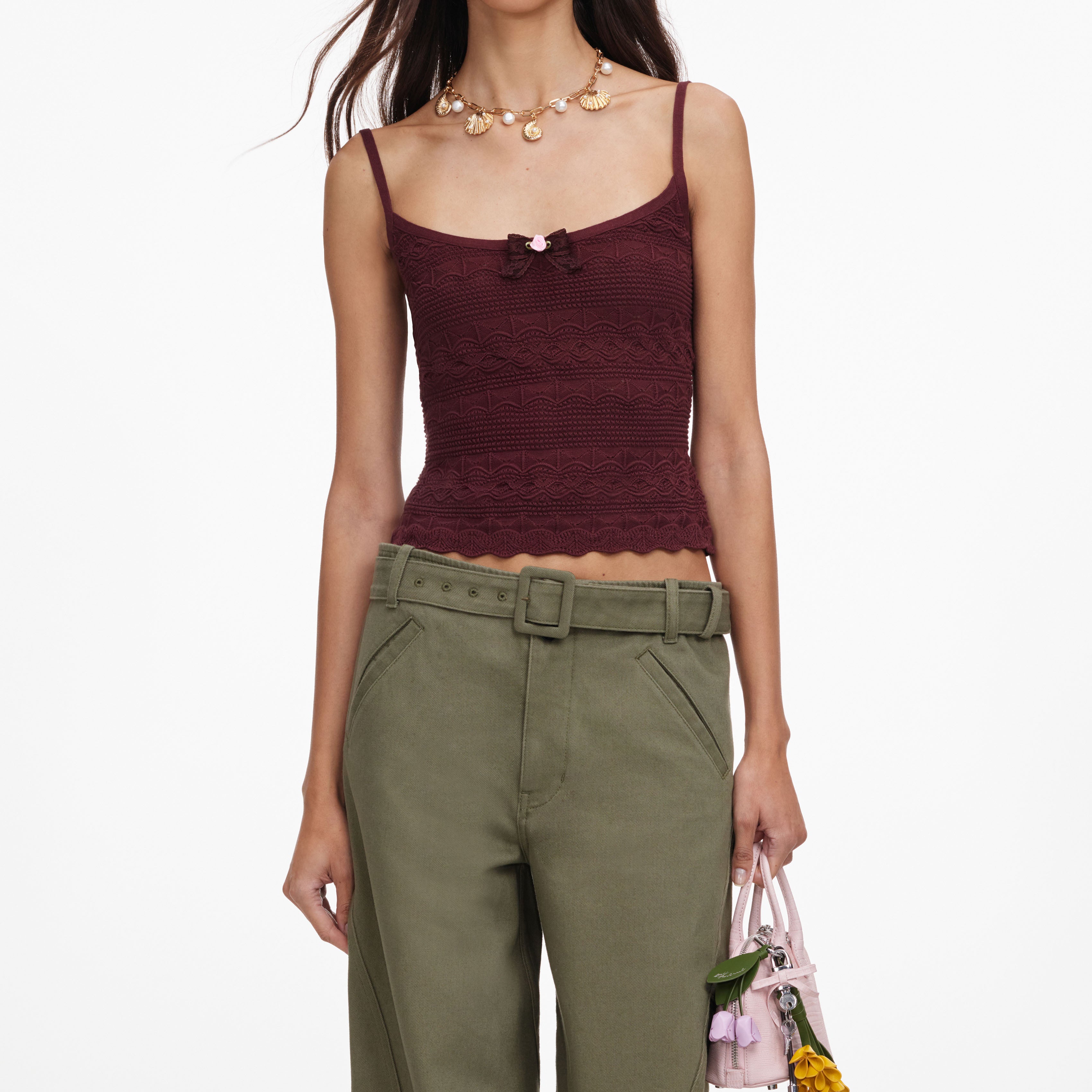 Self Portrait Pointelle Knit Vest Stricktop Braun Schleife