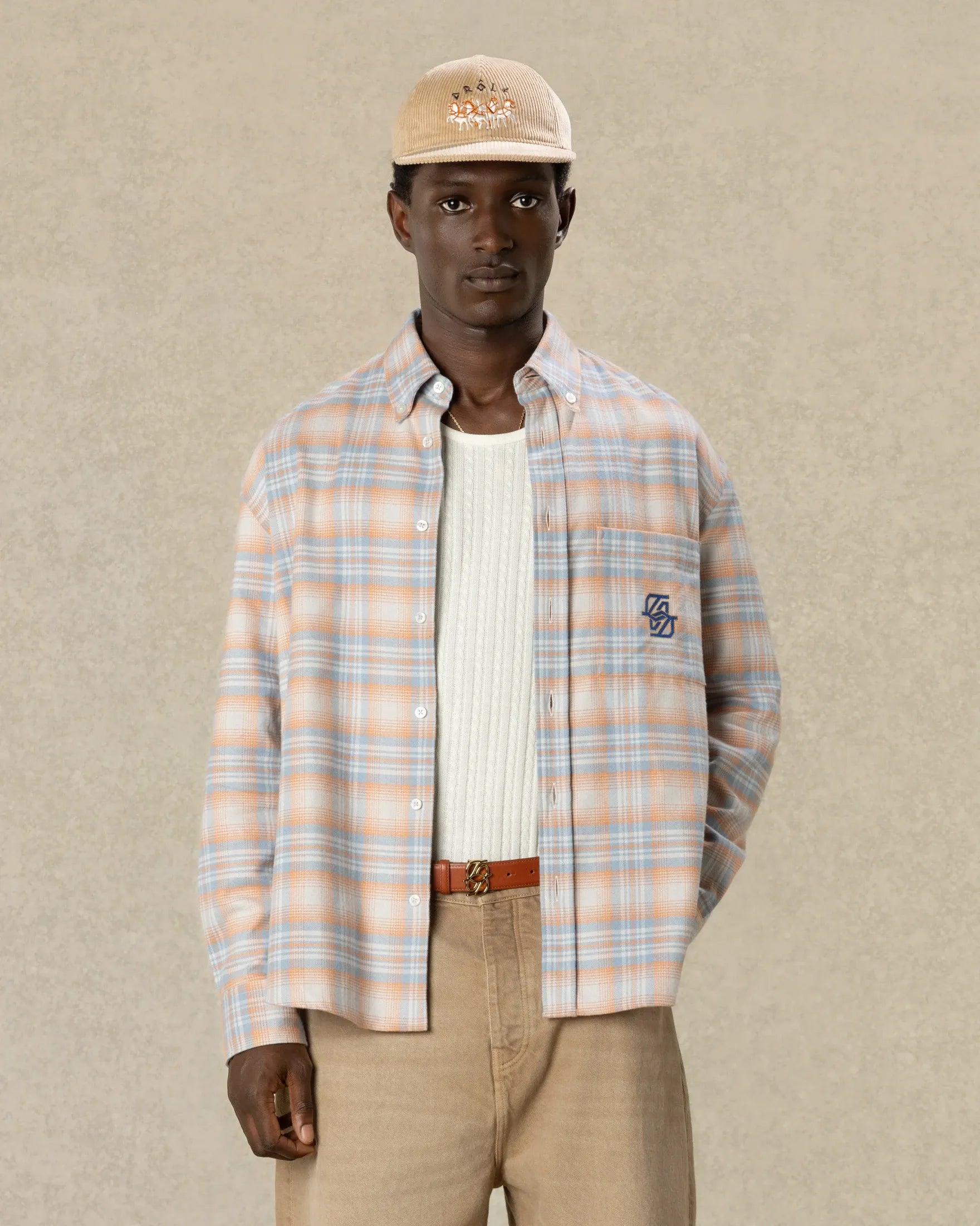 Drôle de Monsieur Boxy Flanellhemd Orange Karo Baumwolle
