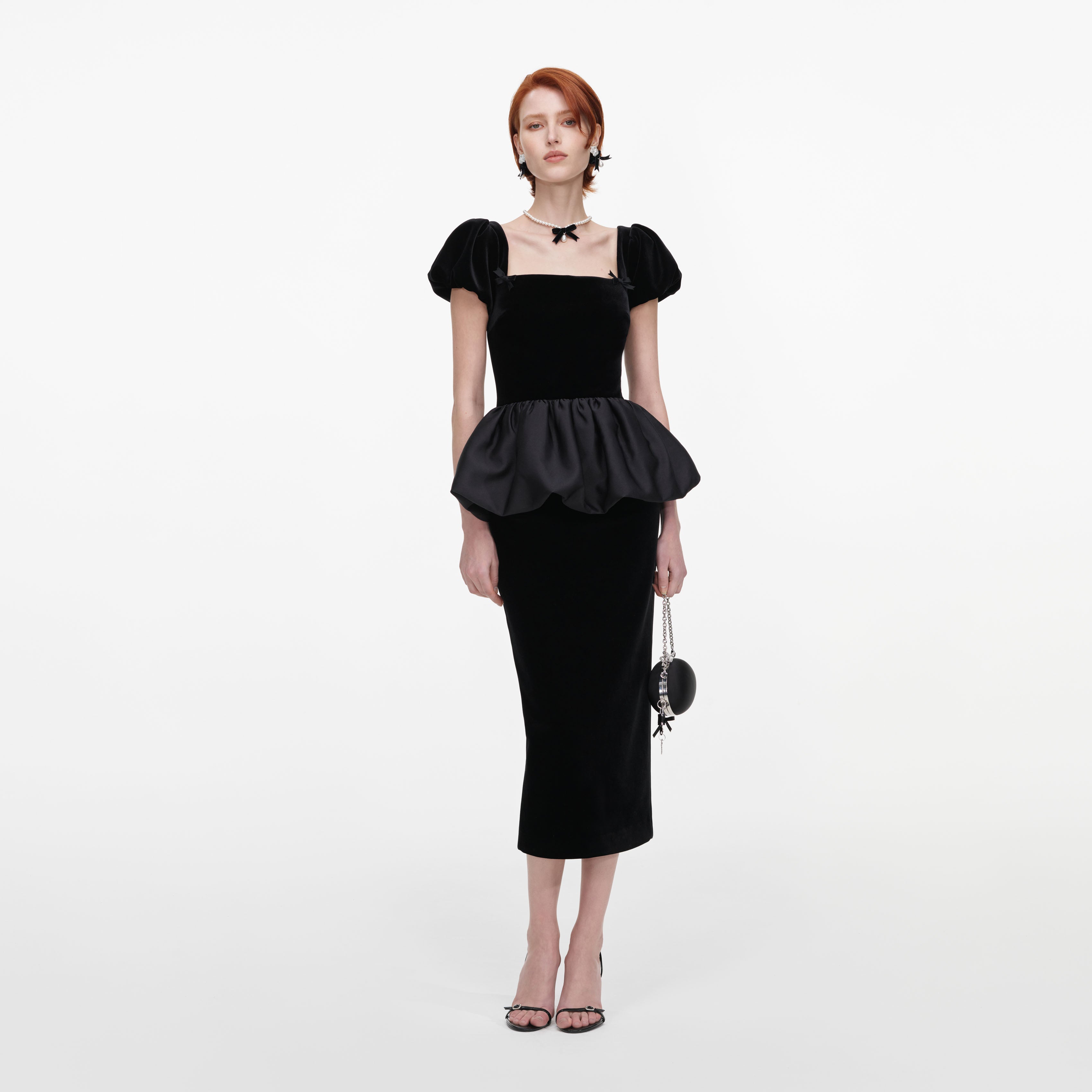 Self Portrait Velvet Bubble Peplum Midi Kleid Schwarz Samt