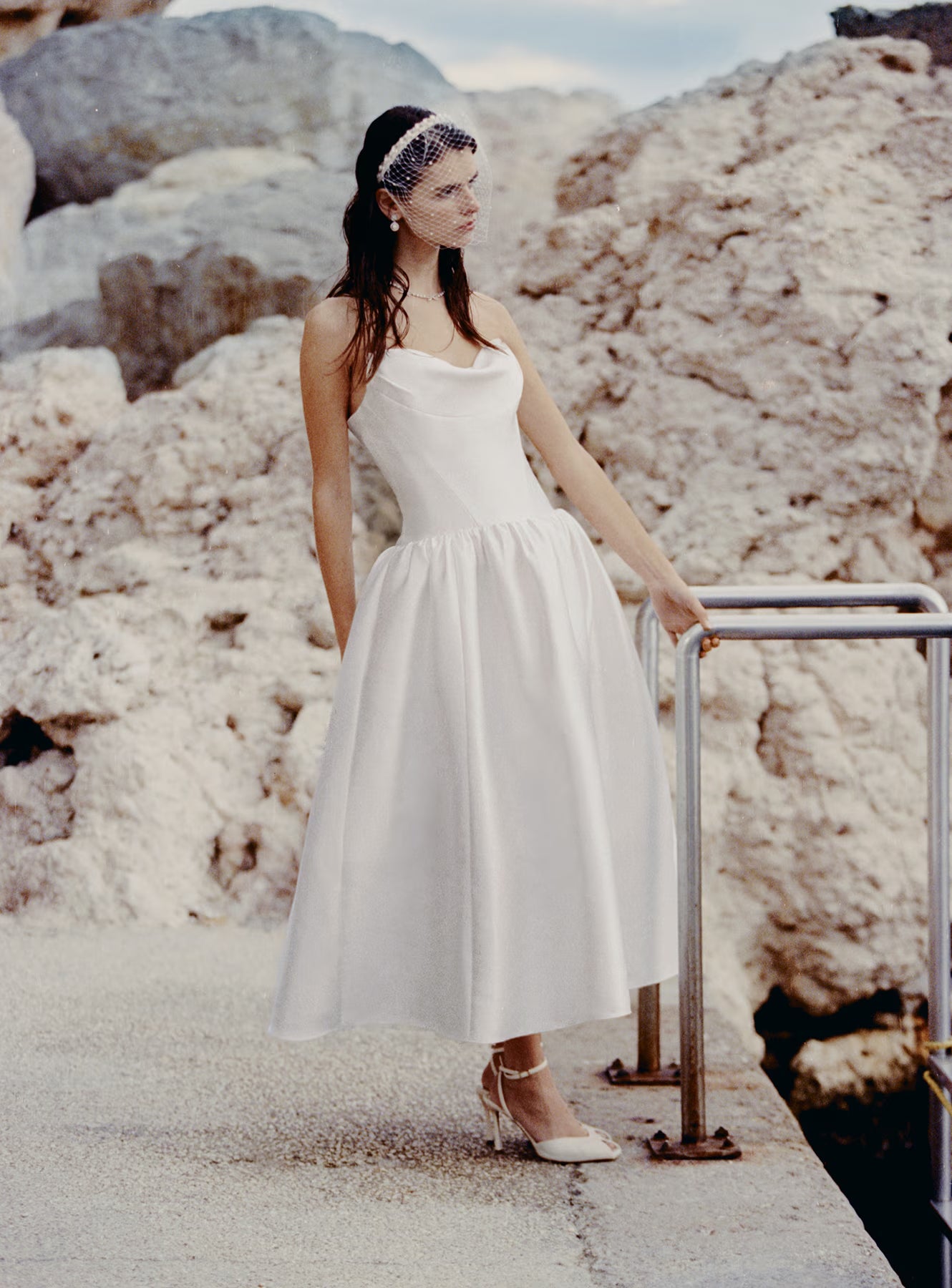 Self Portrait White Taffeta Midi Brautkleid Weiss Traegerlos