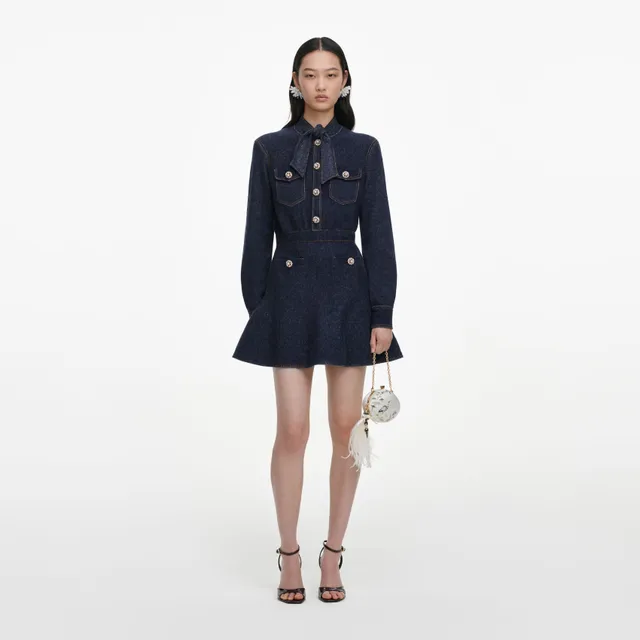 Self Portrait Navy Textured Knit Minikleid Blau Strick