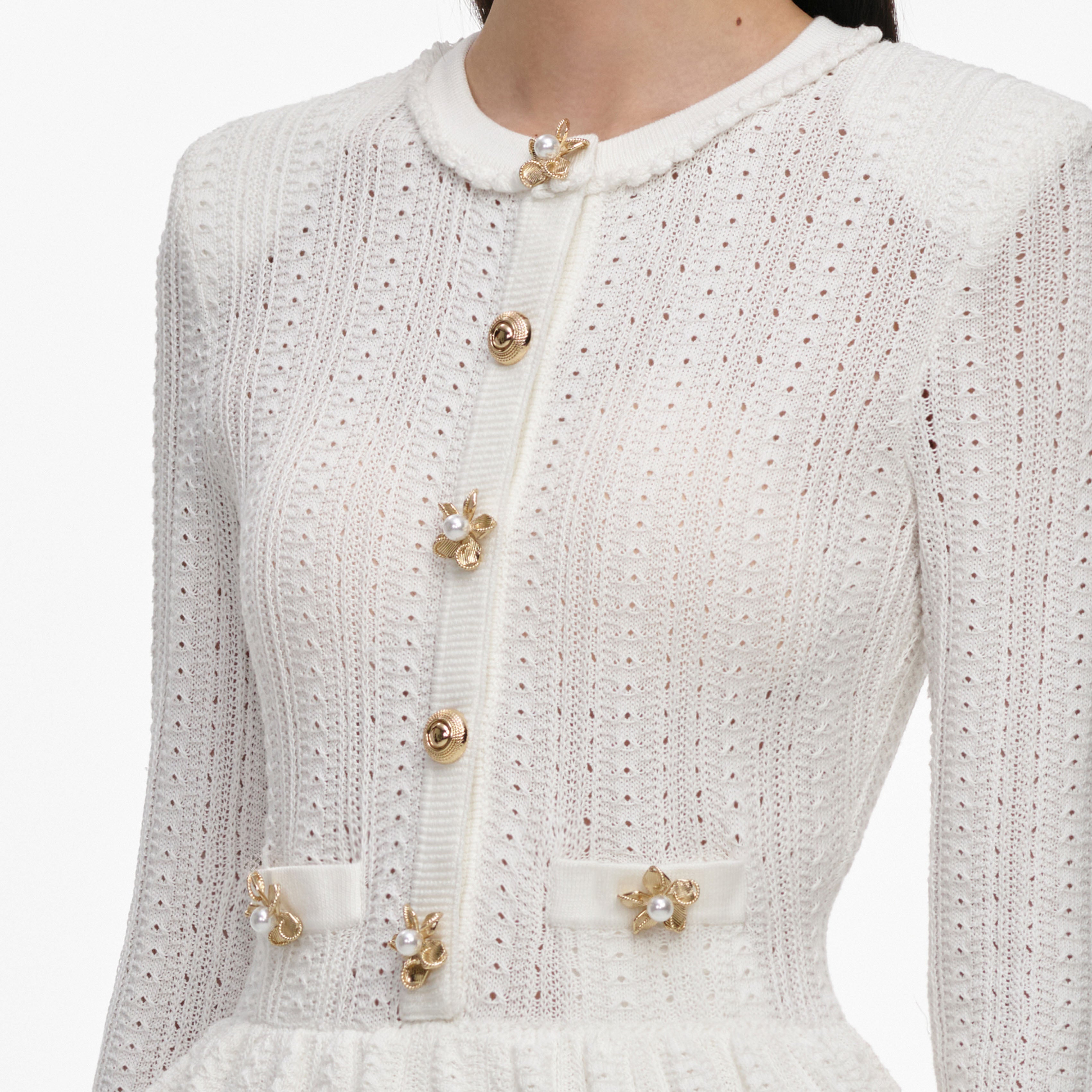 Self Portrait White Pointelle Peplum Strick-Minikleid
