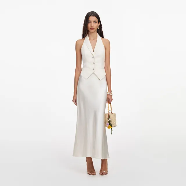 Self Portrait Cream Linen Satin Midi Kleid Creme UK 6 rückenfrei