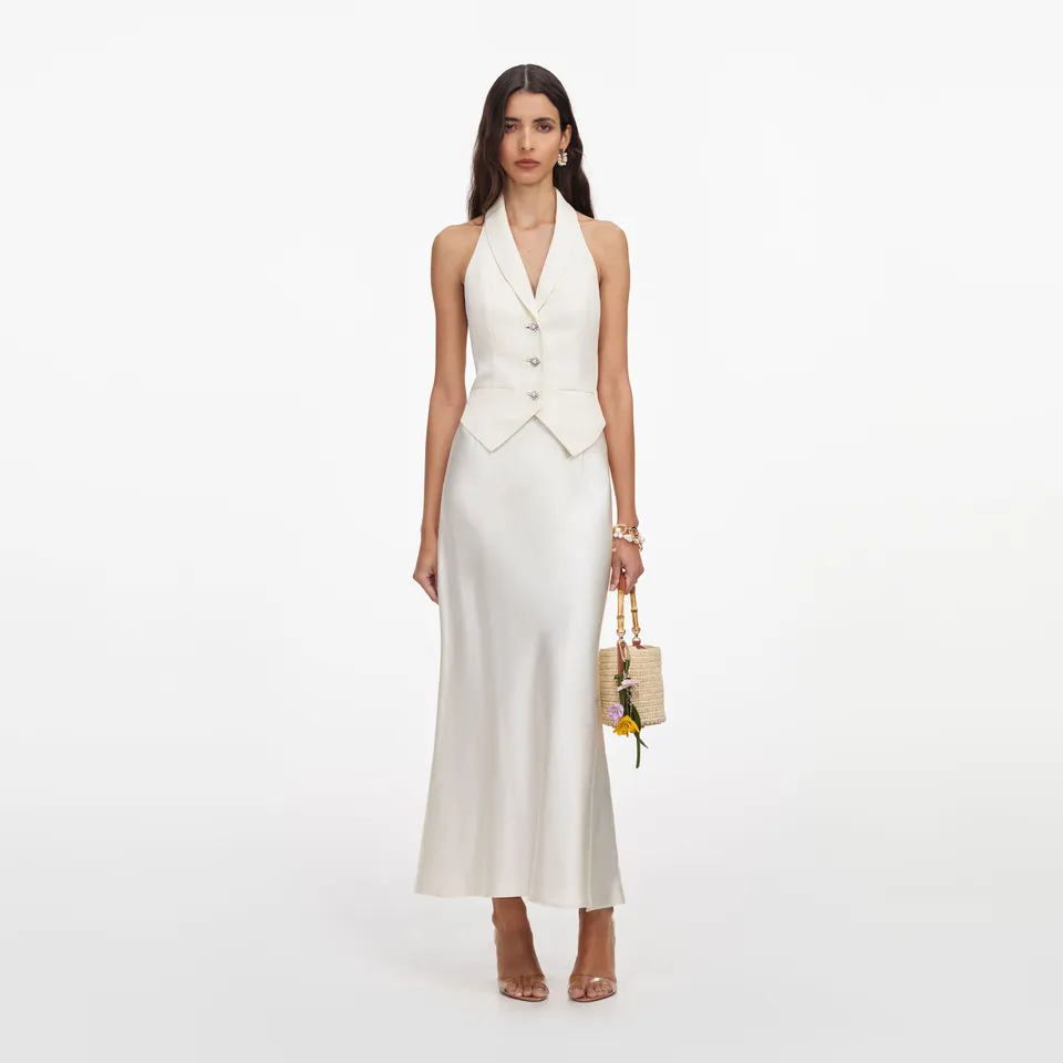 Self Portrait Cream Linen Satin Midi Kleid Creme UK 6 rückenfrei