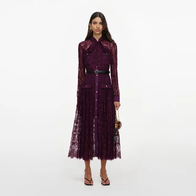 Self Portrait Purple Lace Tie Neck Midikleid Lila