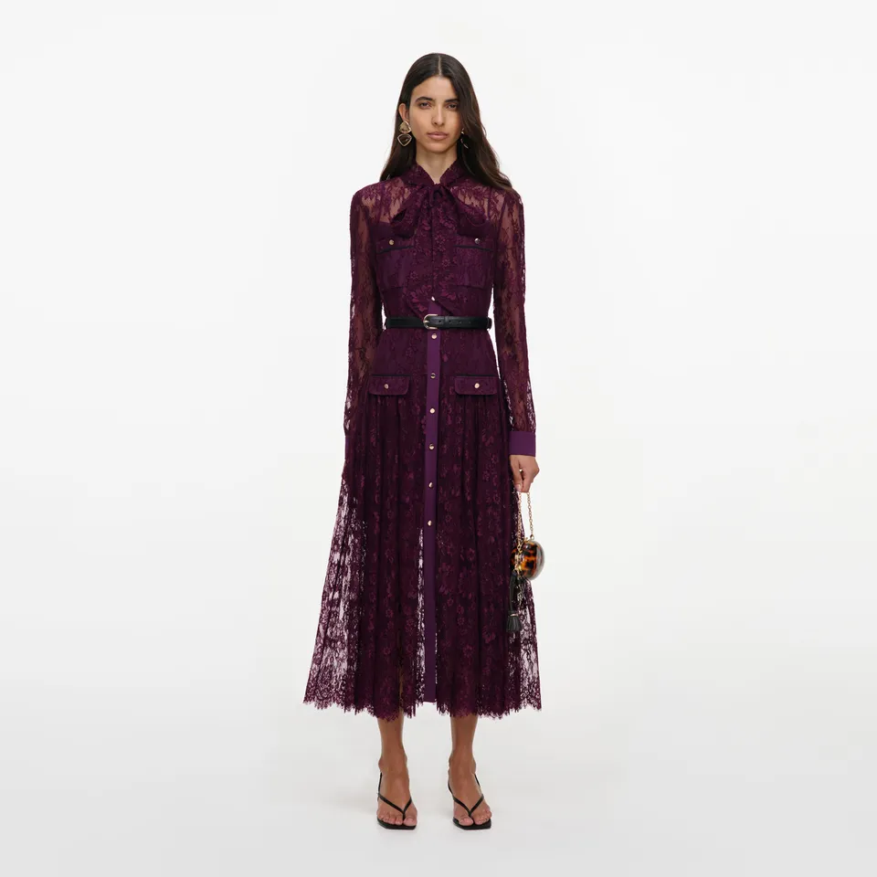 Self Portrait Purple Lace Tie Neck Midikleid Lila