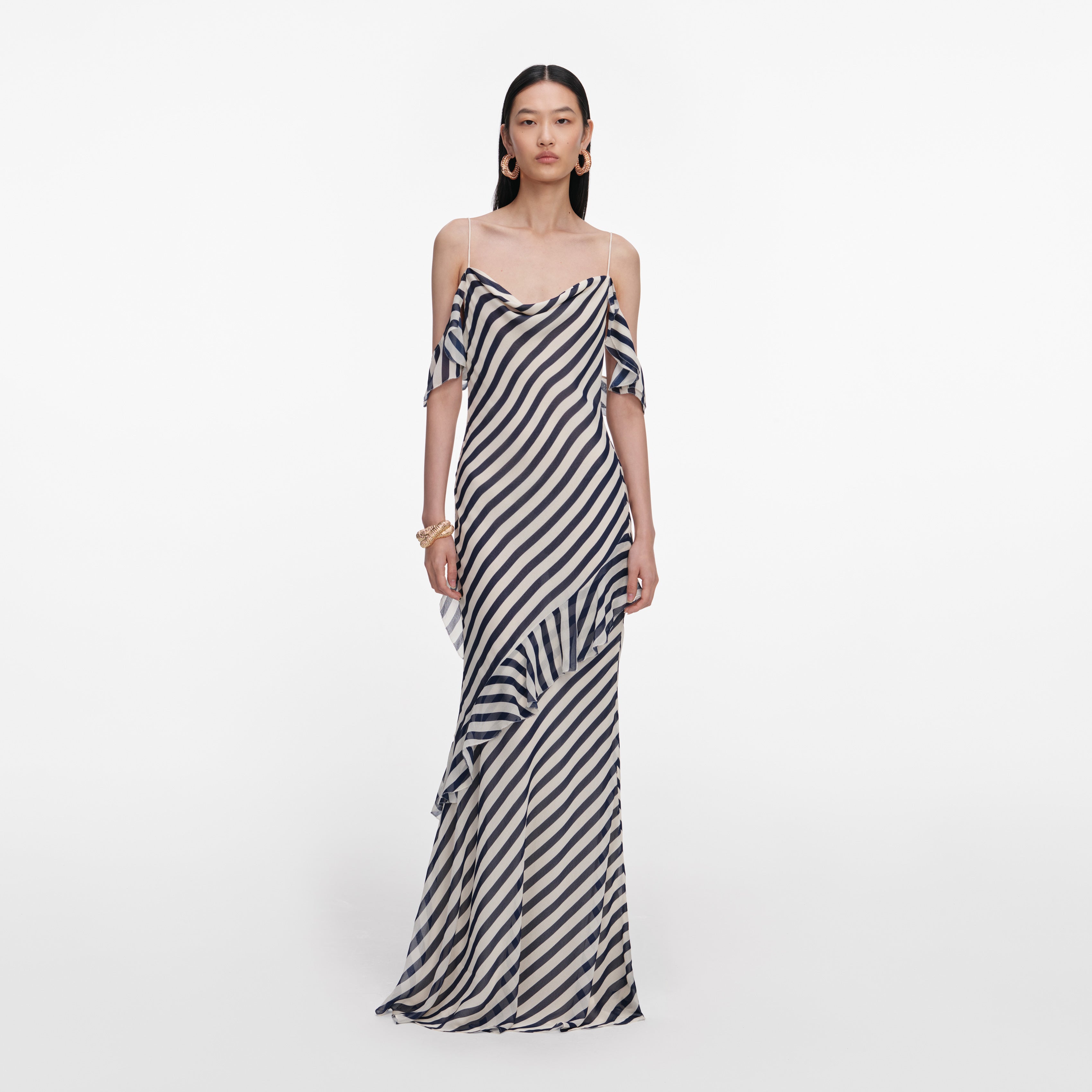 Self Portrait Stripe Maxikleid Navy Georgette Gestreift