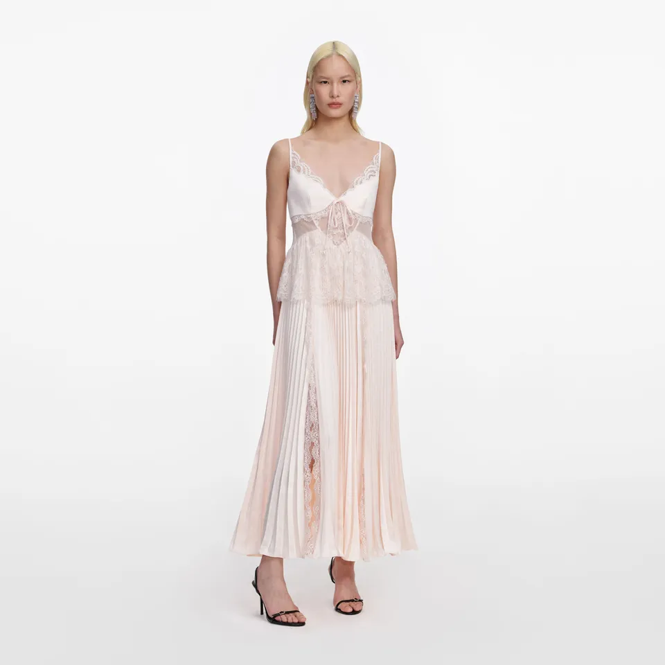 Self Portrait Blush Satin Lace Midikleid Rosa UK 8
