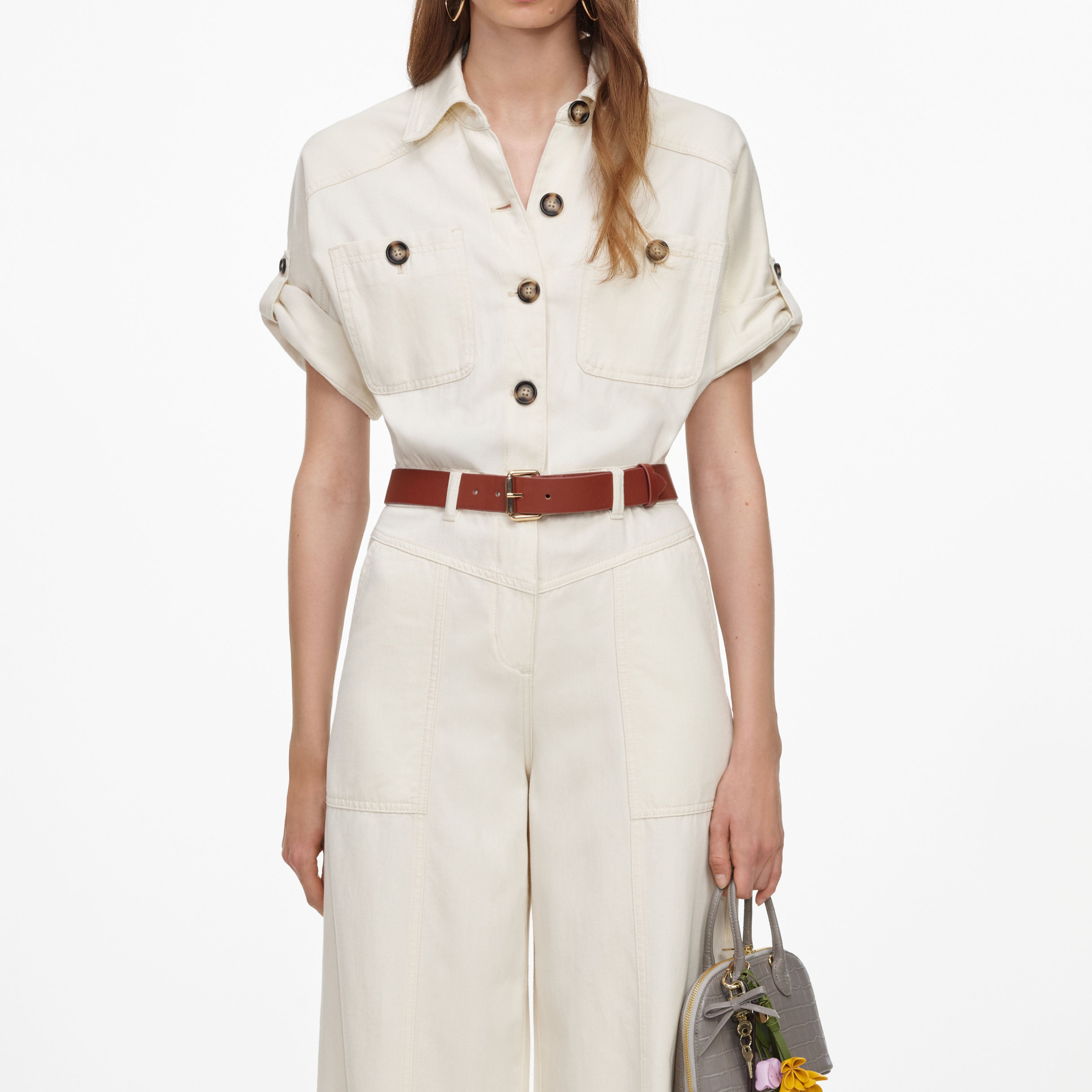 Self Portrait Denim Jumpsuit creme Kurzarm