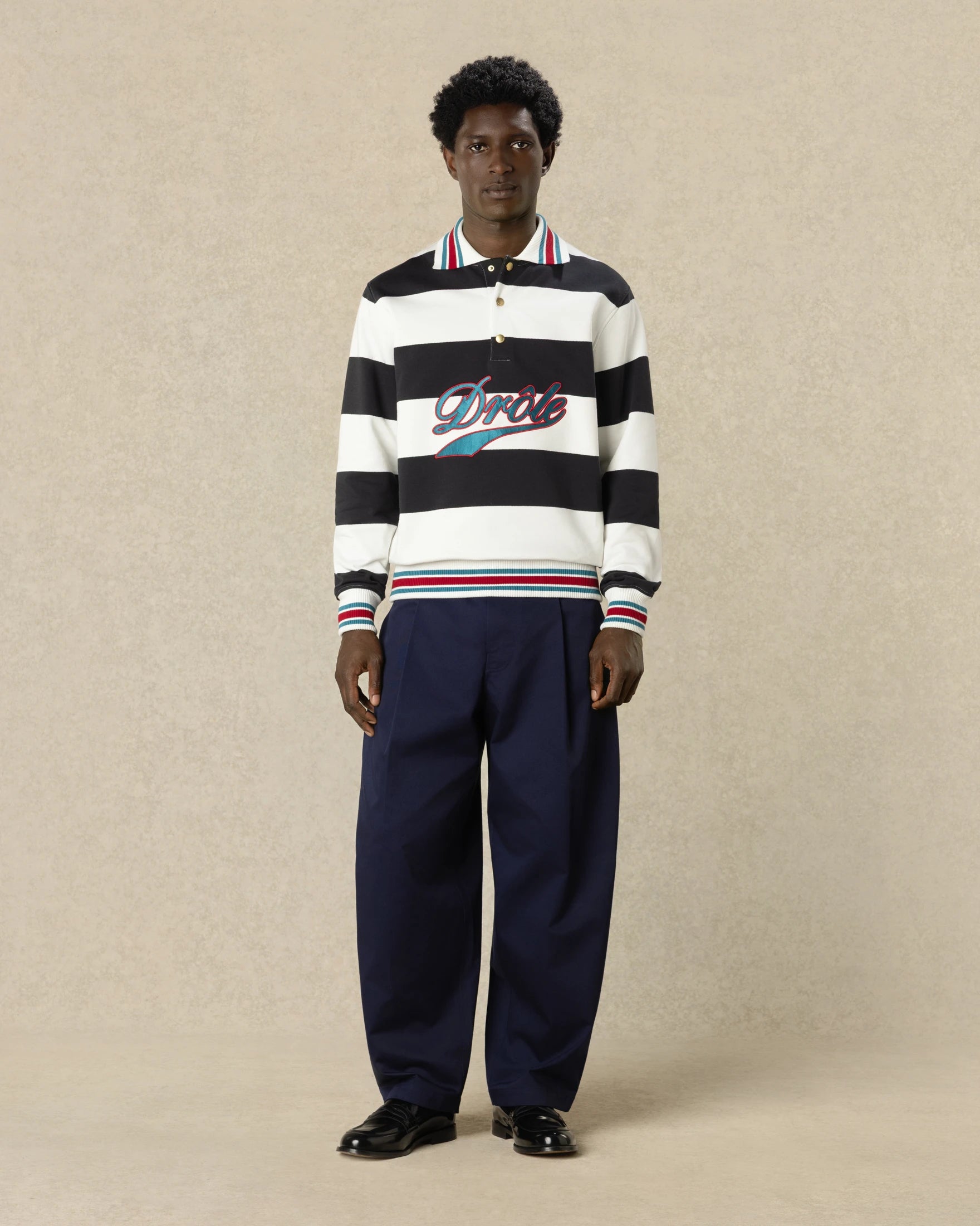 Drôle De Monsieur Stripes Polo Langarm Off White Baumwolle