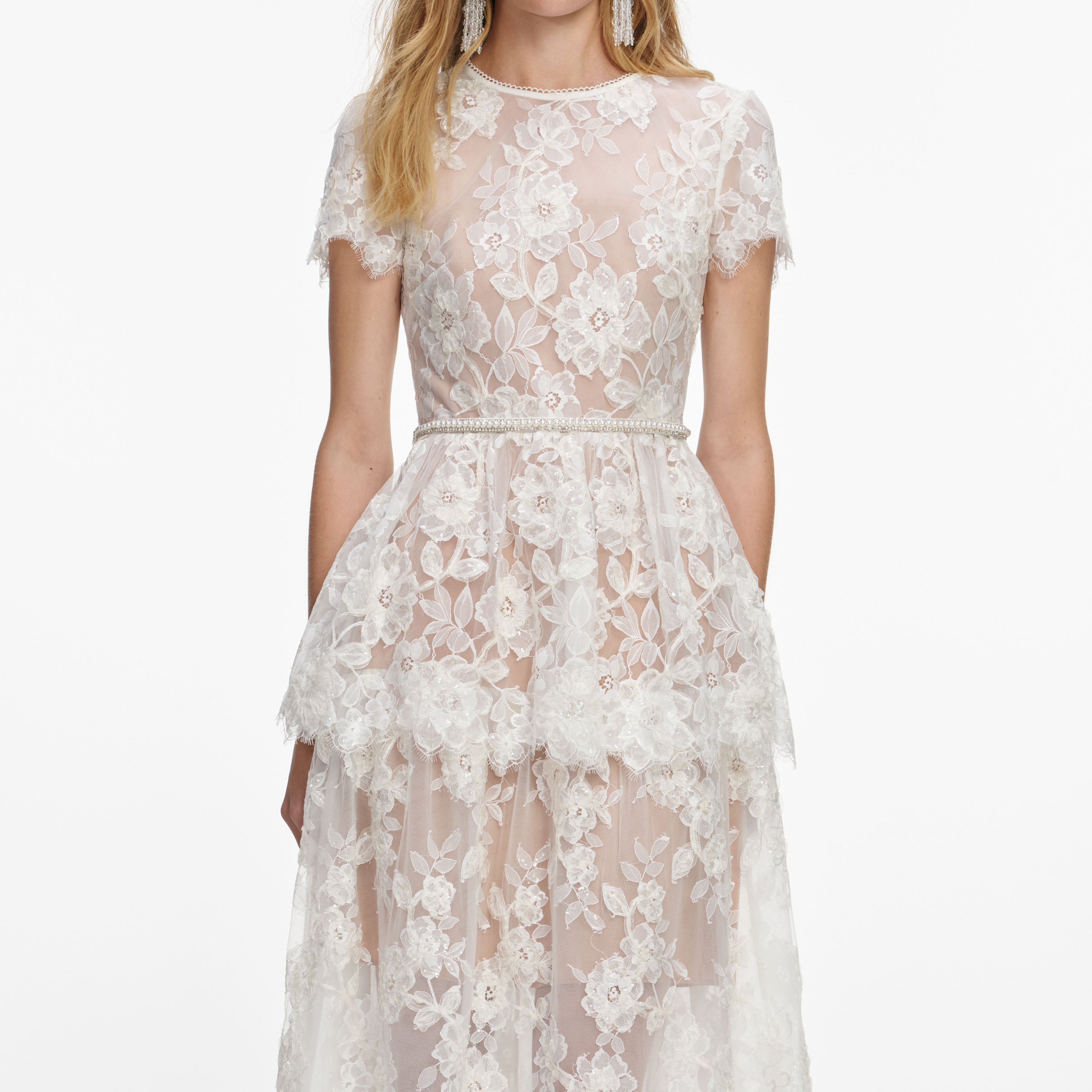 Self Portrait Sequin Lace Maxi Kleid Weiß Spitze