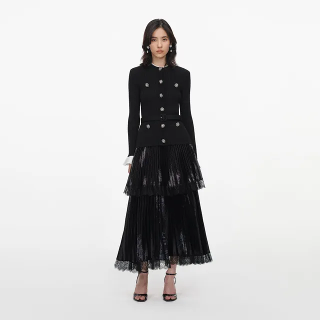 Self Portrait Black Knit Chiffon Midi Dress Schwarz