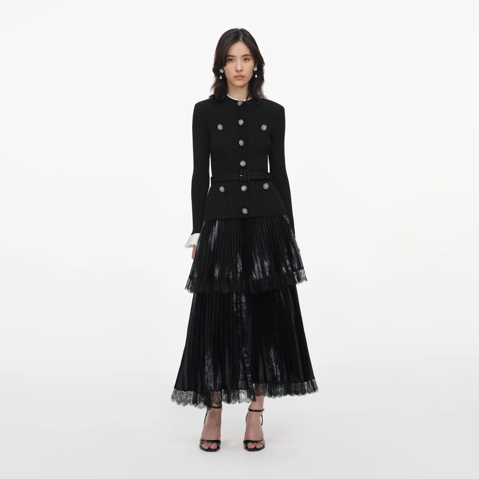 Self Portrait Black Knit Chiffon Midi Dress Schwarz