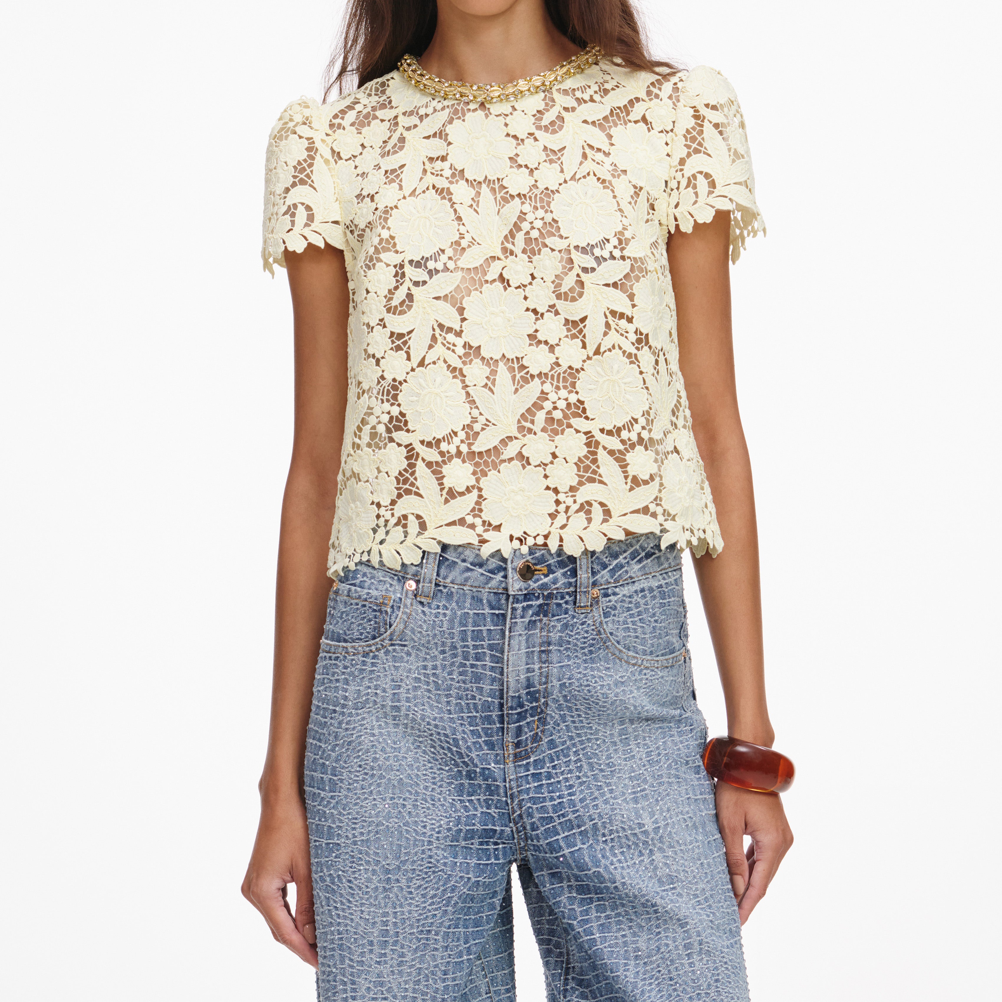 Self Portrait Yellow Lace Top Gelb Rundhals Spitze