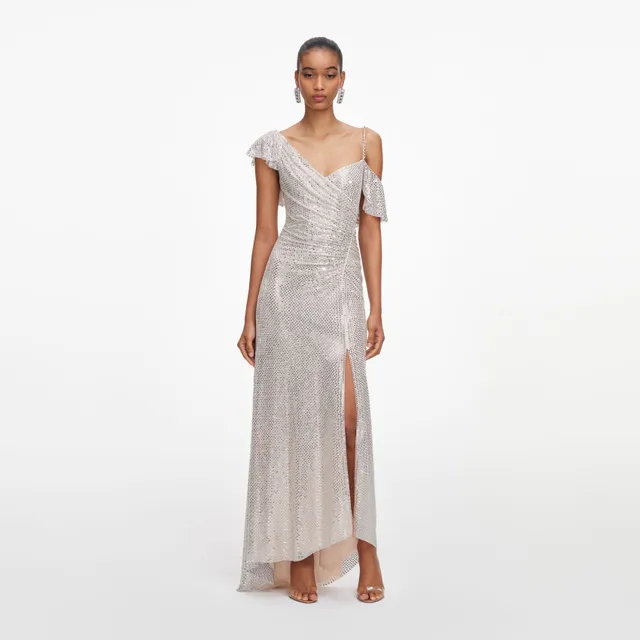 Self Portrait Champagne Rhinestone Ruffle Maxikleid champagne