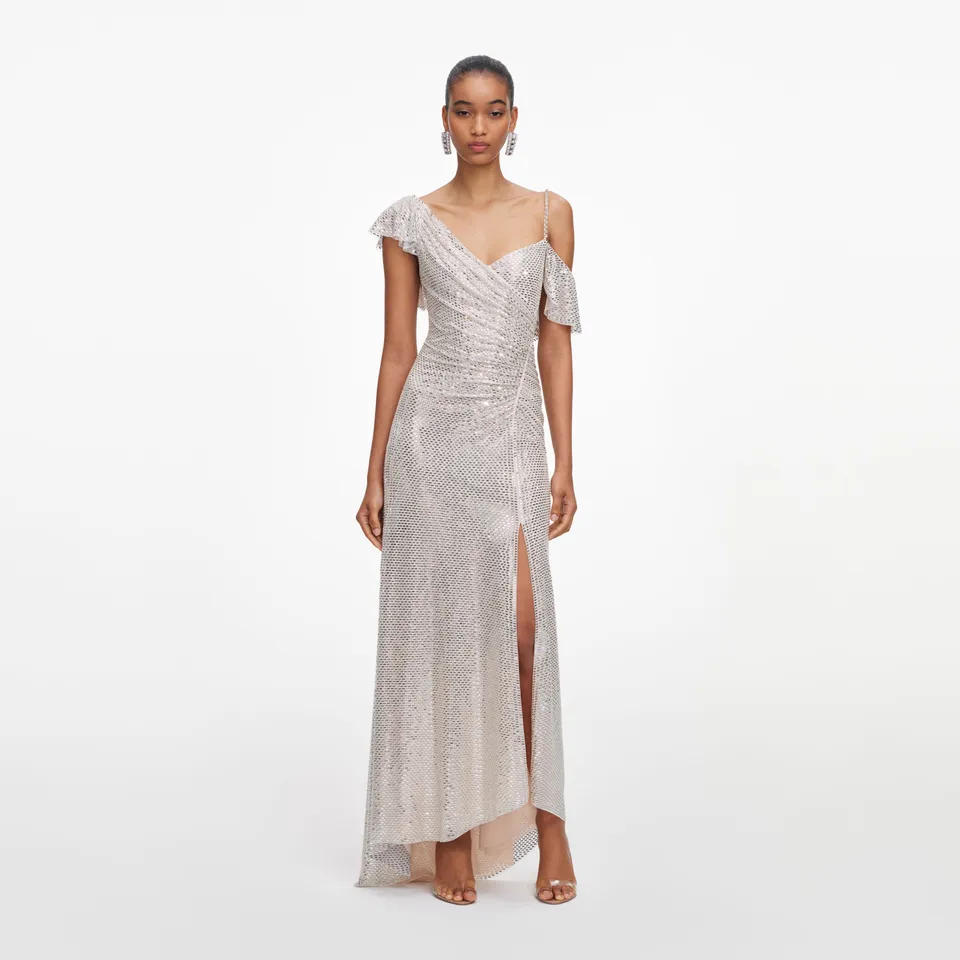 Self Portrait Champagne Rhinestone Ruffle Maxikleid champagne