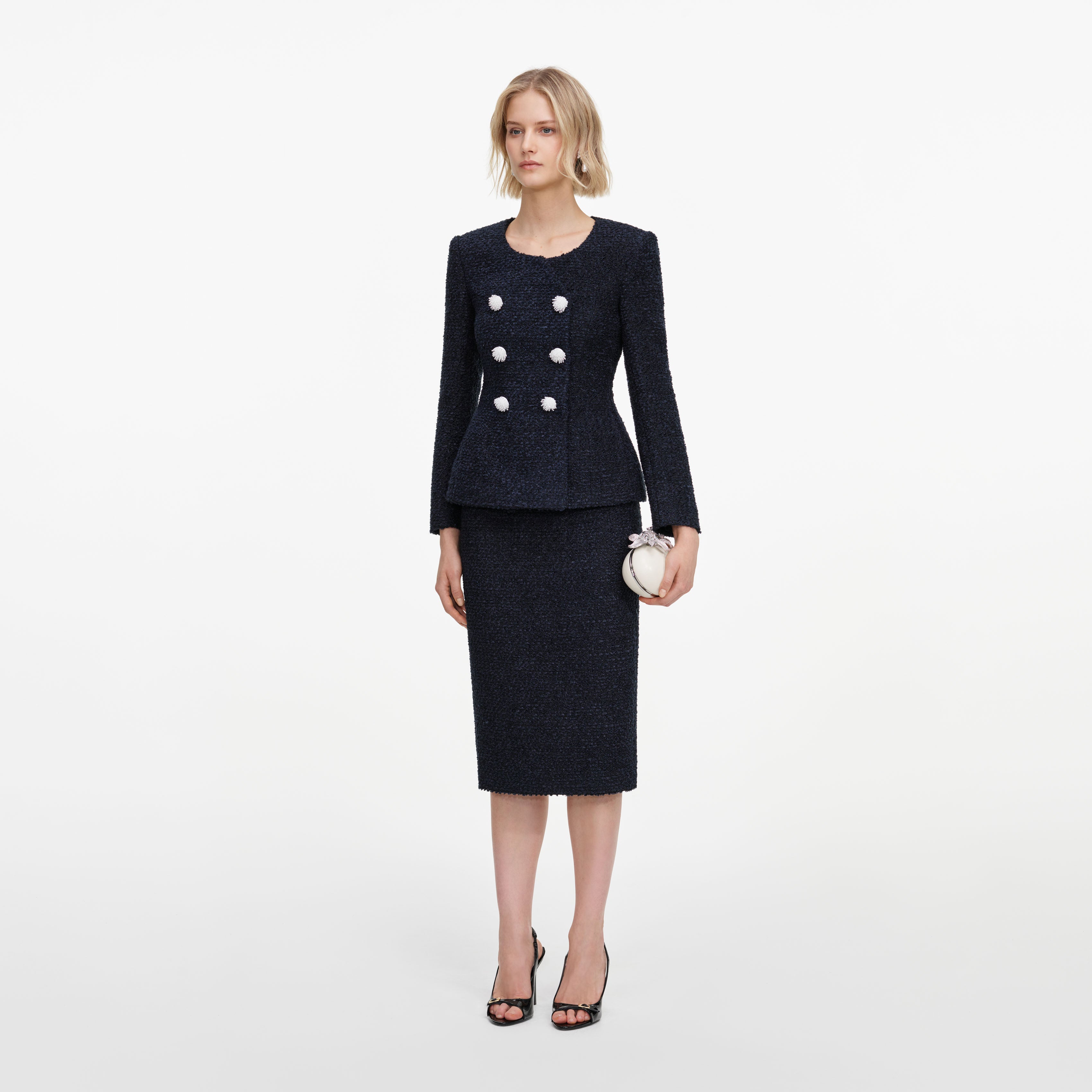 Self Portrait Navy Boucle Midi Dress Kleid Navy