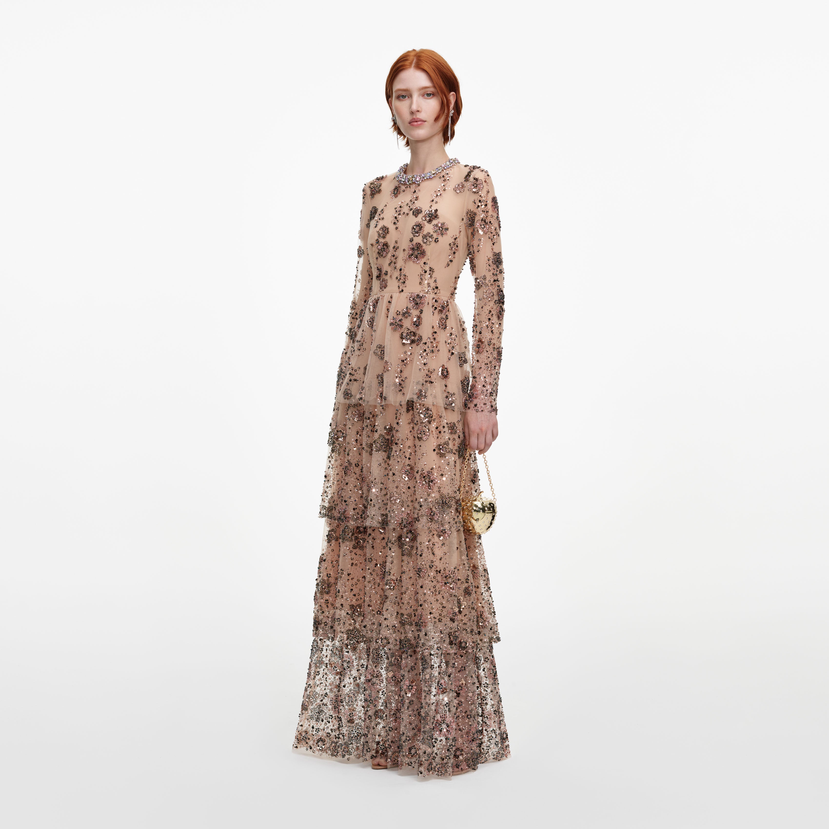 Self Portrait Beige Sequin Maxi Kleid Beige Pailletten