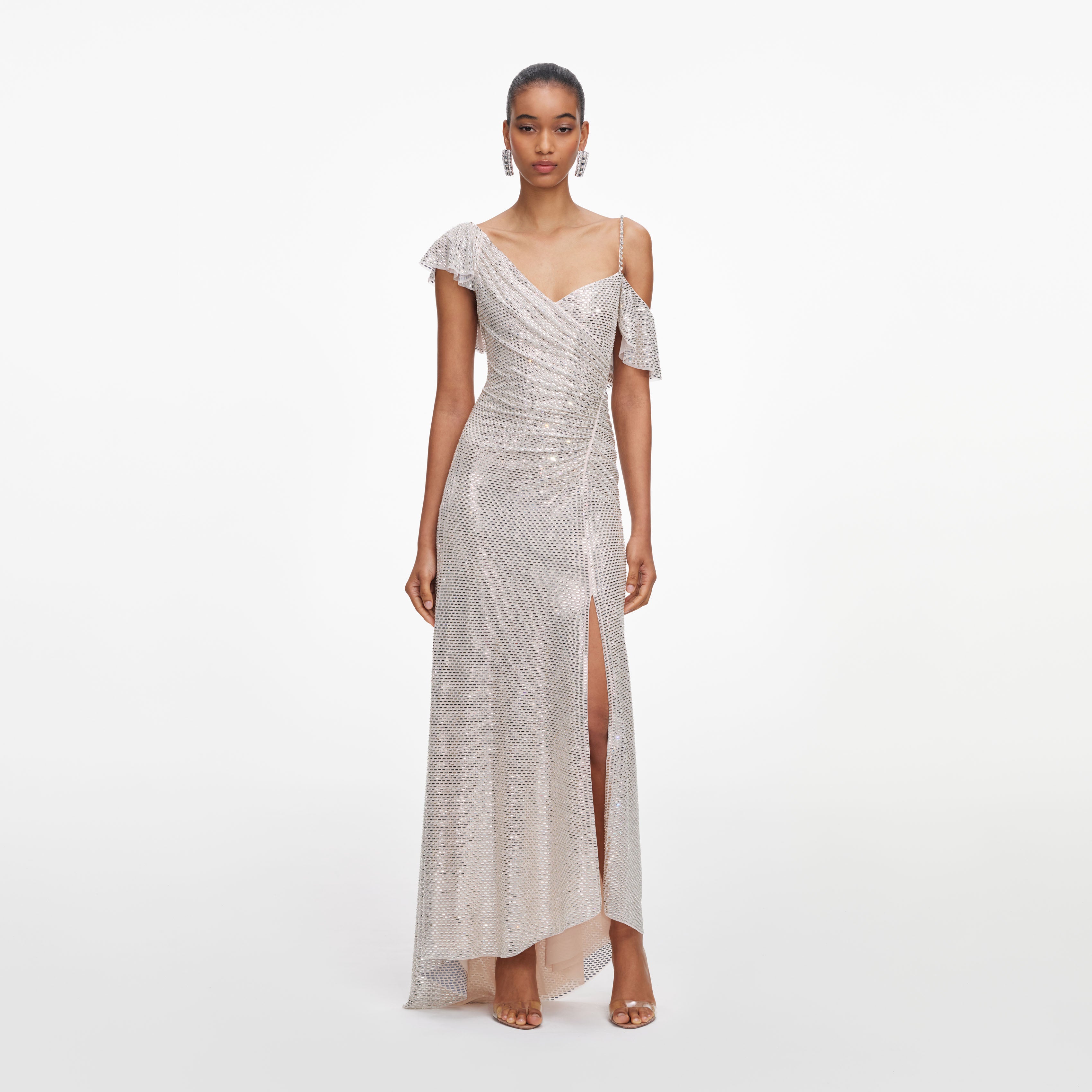 Self Portrait Champagne Rhinestone Ruffle Maxikleid champagne