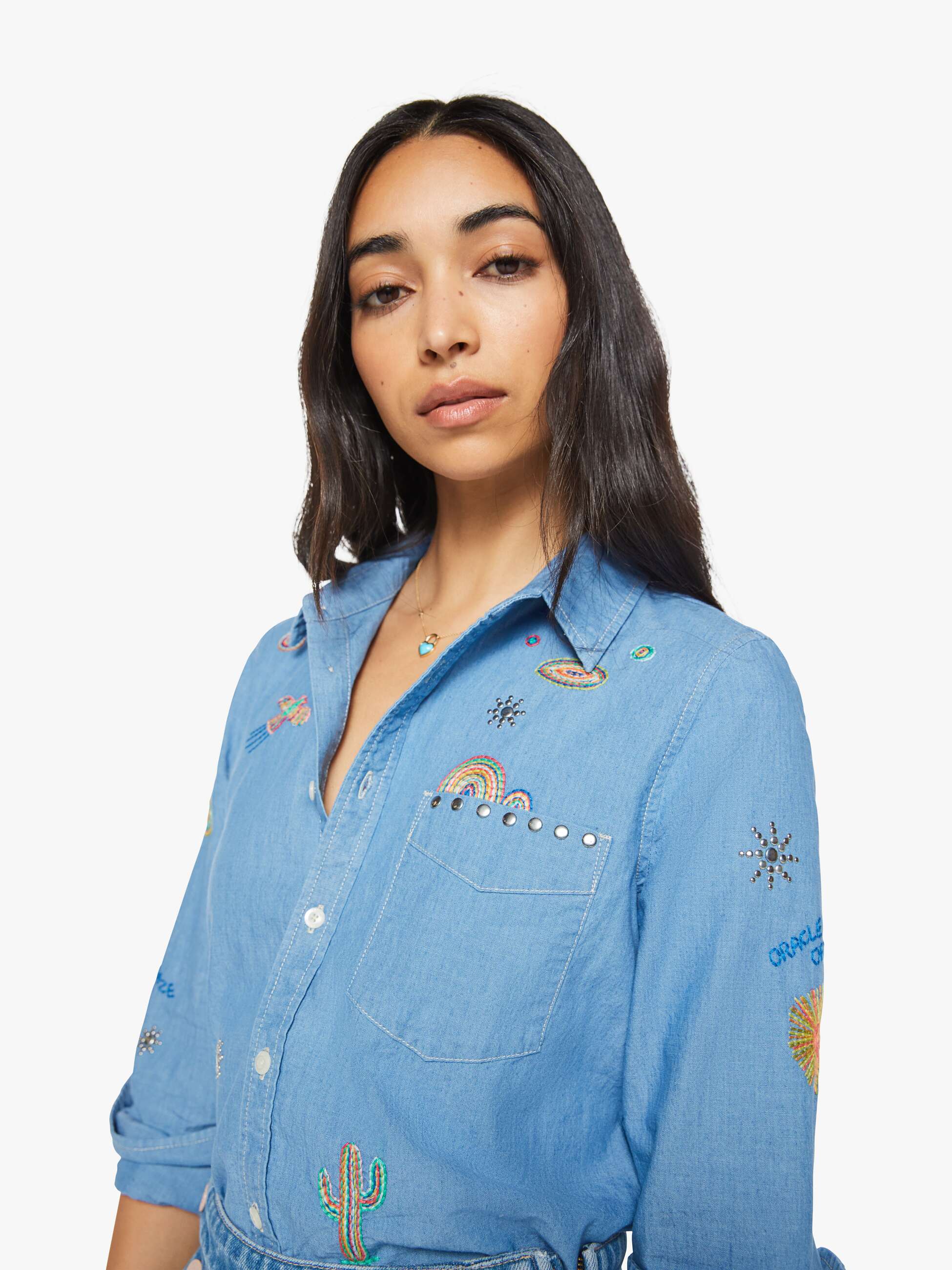Mother The Foxy Boxy Bluse Hands Up blau Stickerei
