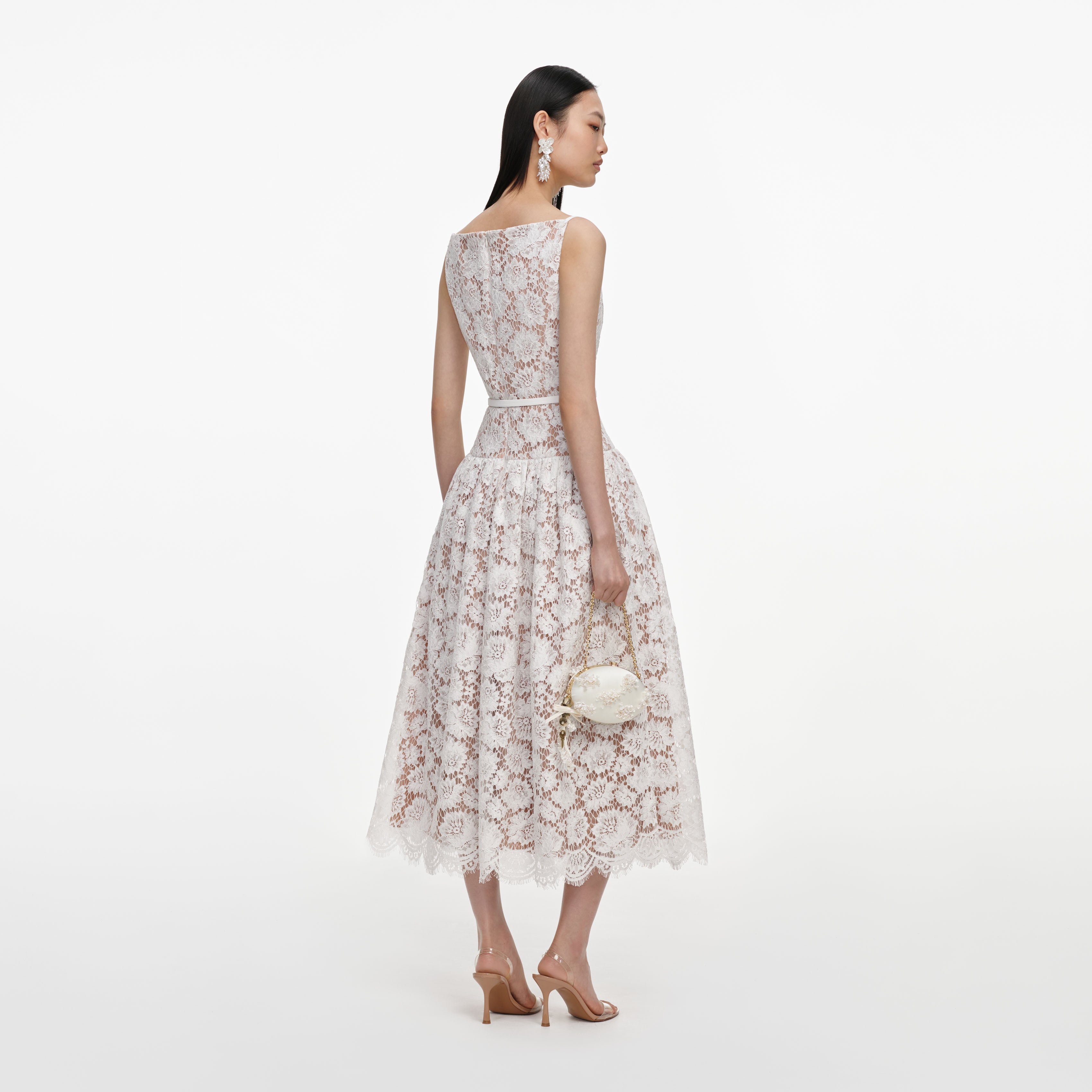 Self Portrait White Lace Flared Midi Kleid Weiß Spitze