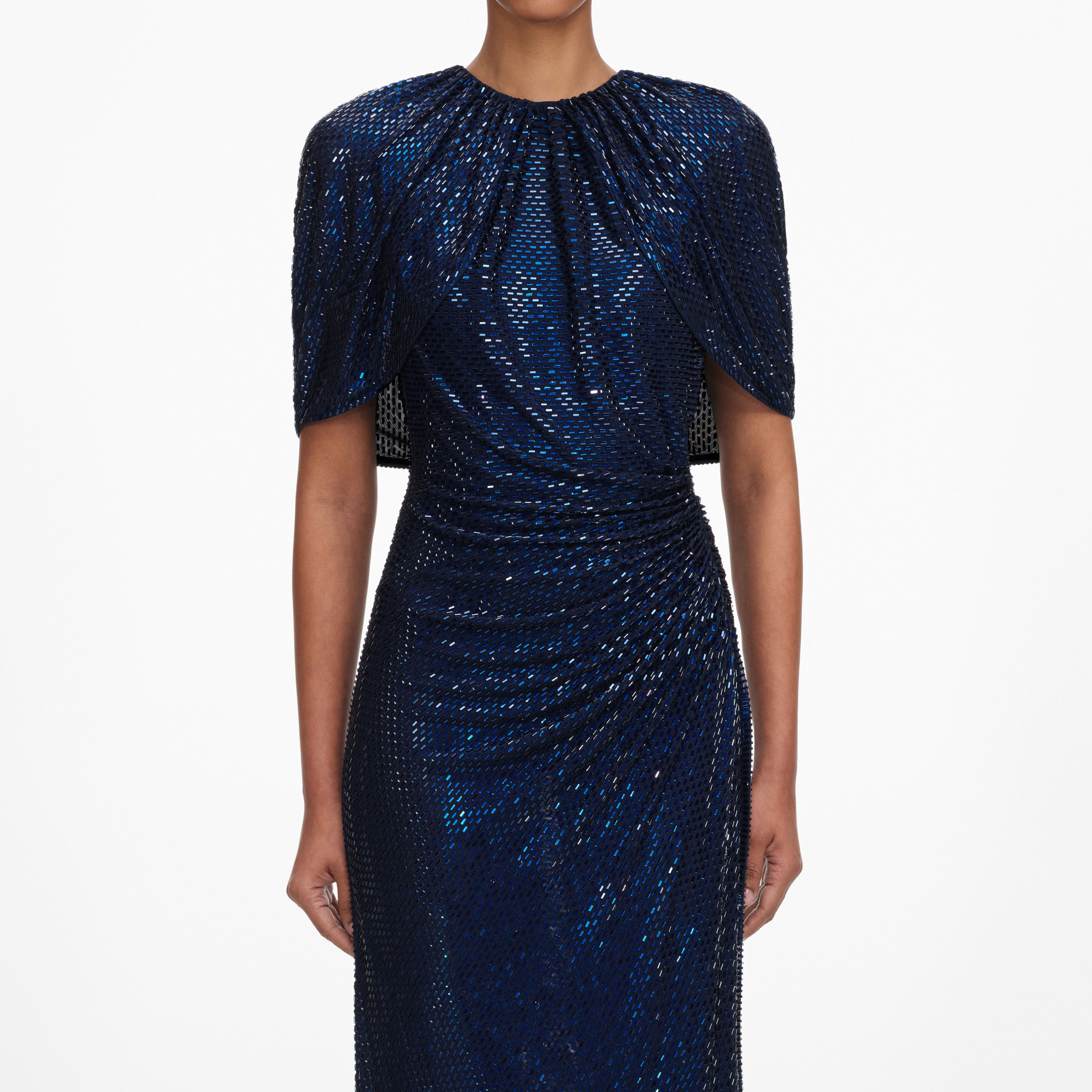 Self Portrait Navy Rhinestone Cape Midikleid mit Strass