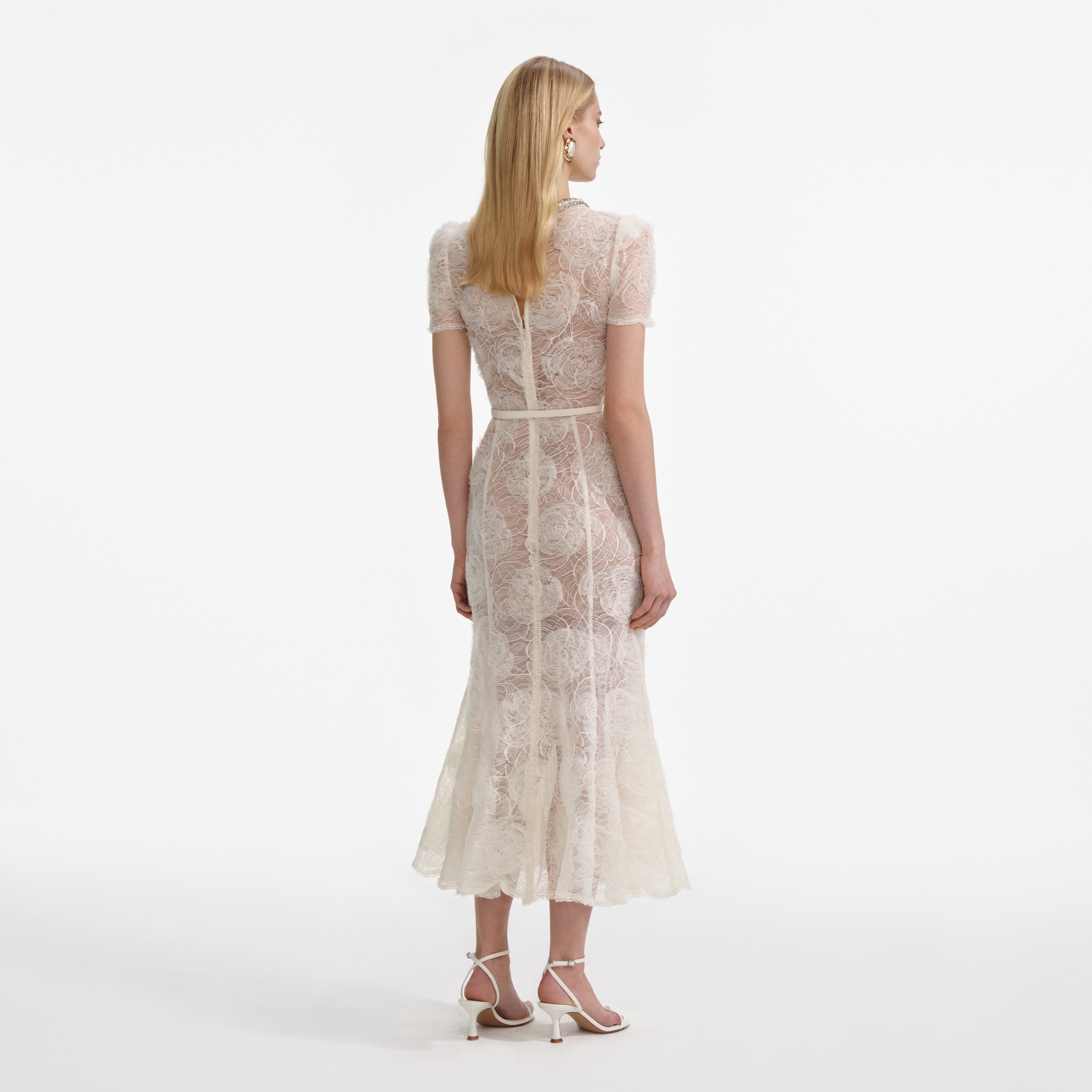 Self Portrait Midi Kleid Creme Tüll Spitze UK 8