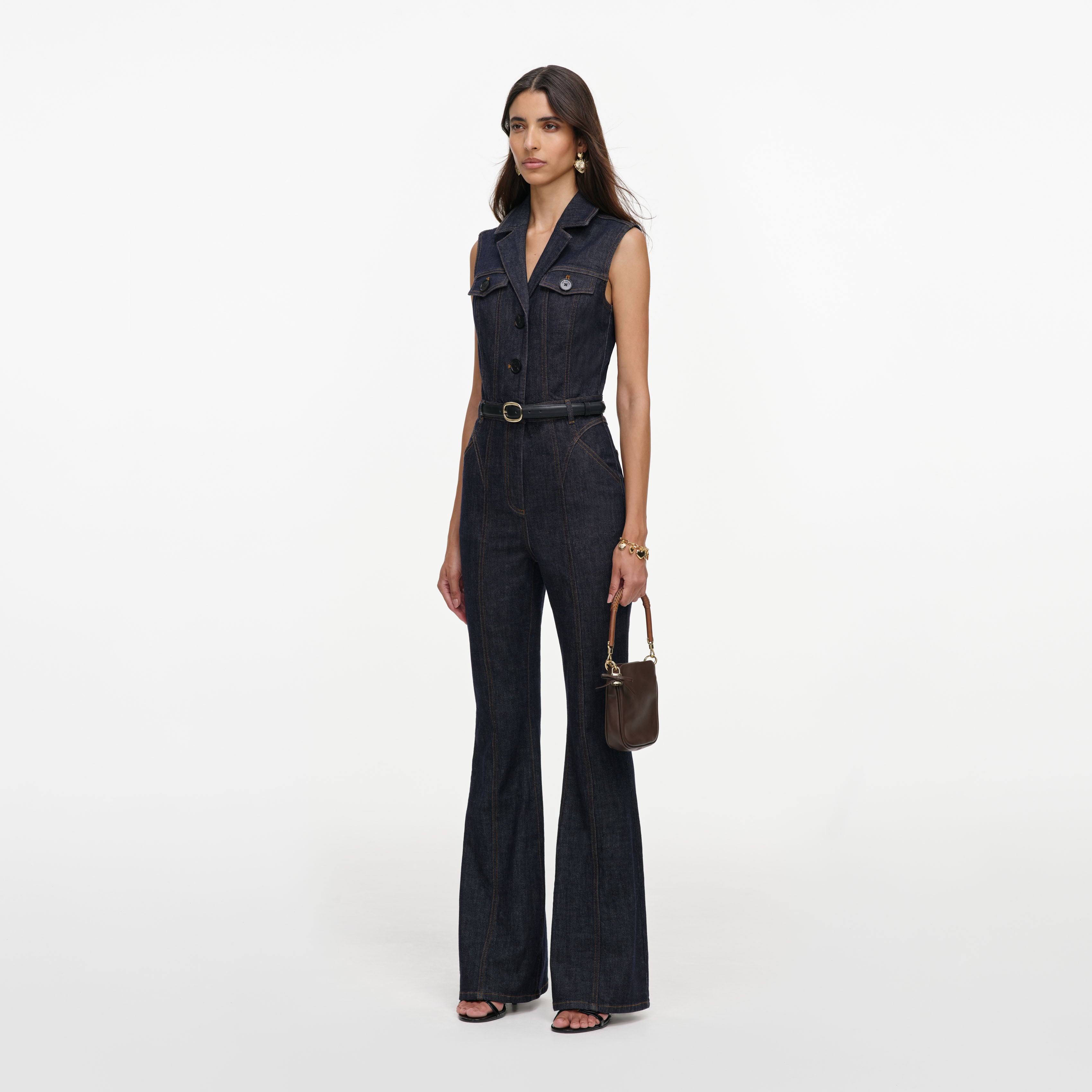 Self Portrait Denim Indigo Belted Denim Jumpsuit Overall UK 8