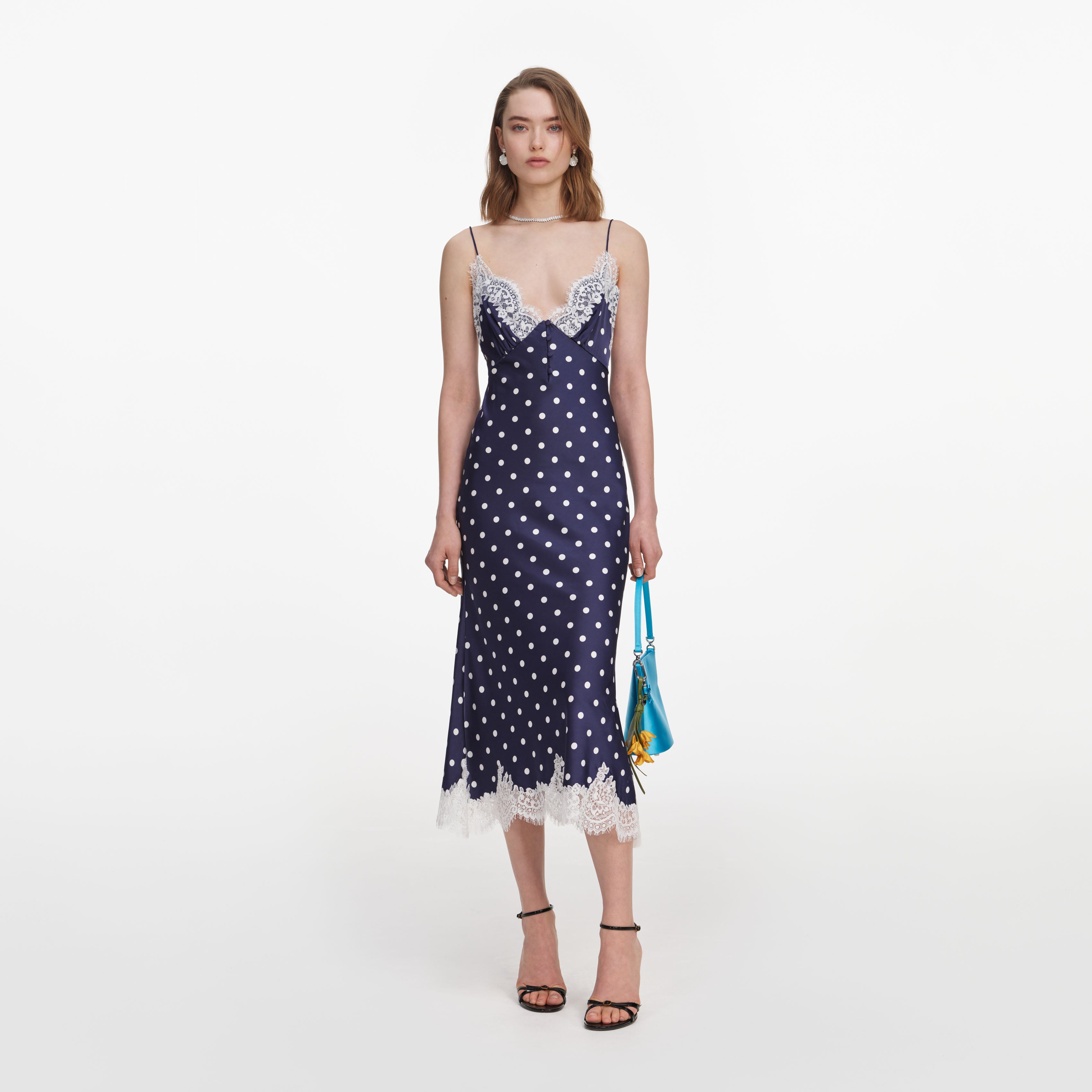Self Portrait Satin Polka Dot Midi Kleid navy Punkte
