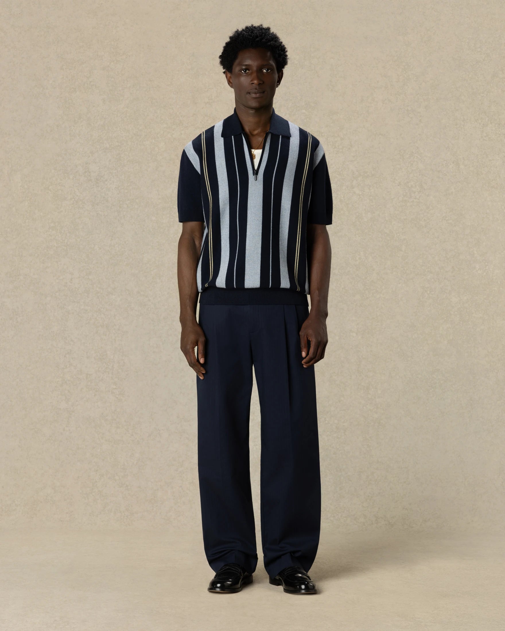 Drôle De Monsieur Striped Zipped Strickpolo navy Wolle