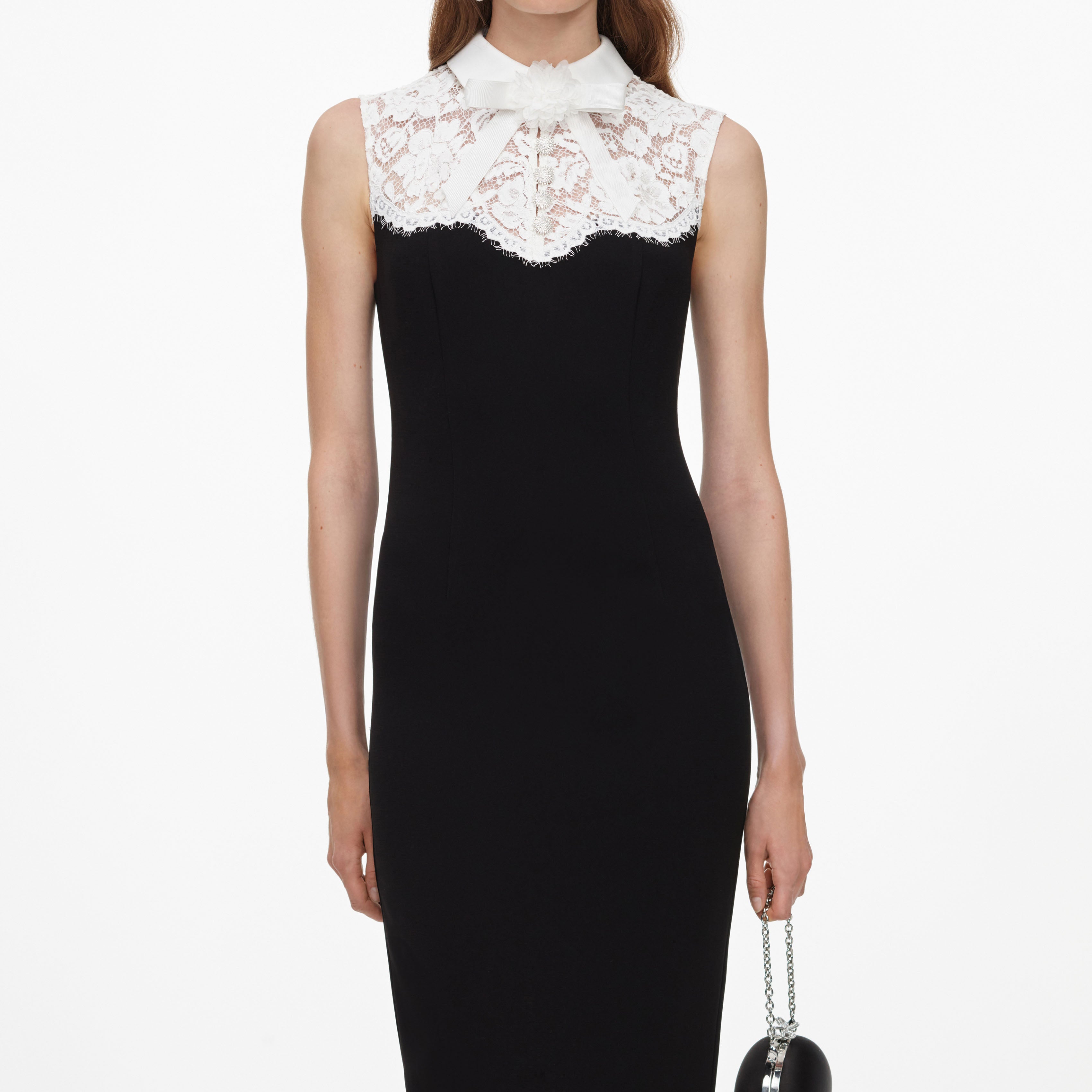 Self Portrait Black Lace Bodice Midi Dress Schwarz
