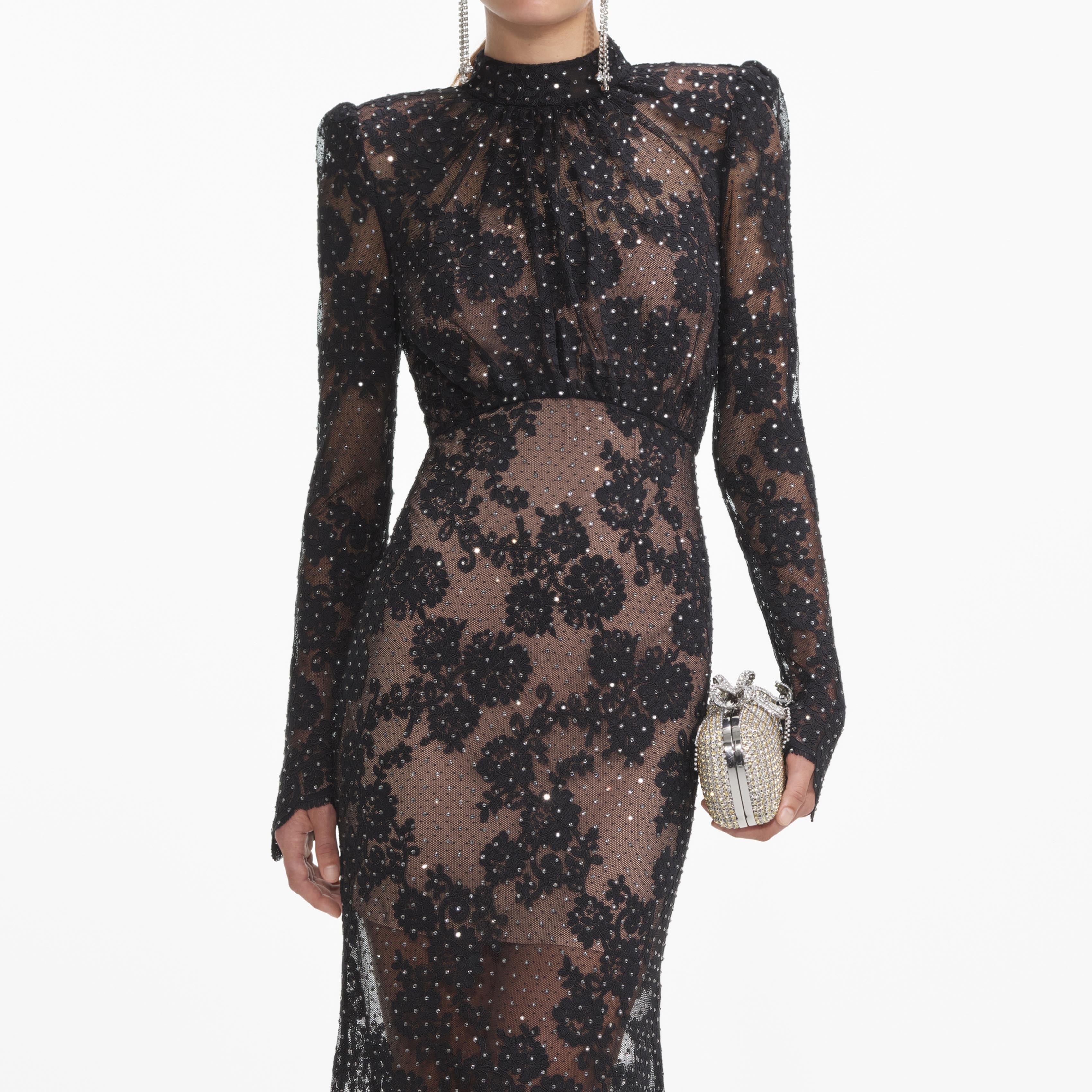 Self Portrait Black Rhinestone Lace Maxi Kleid Schwarz UK 6