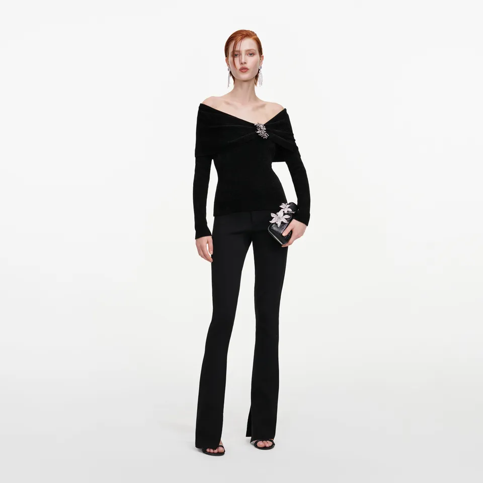Self Portrait Chenille Stricktop schwarz Brosche Gr. S