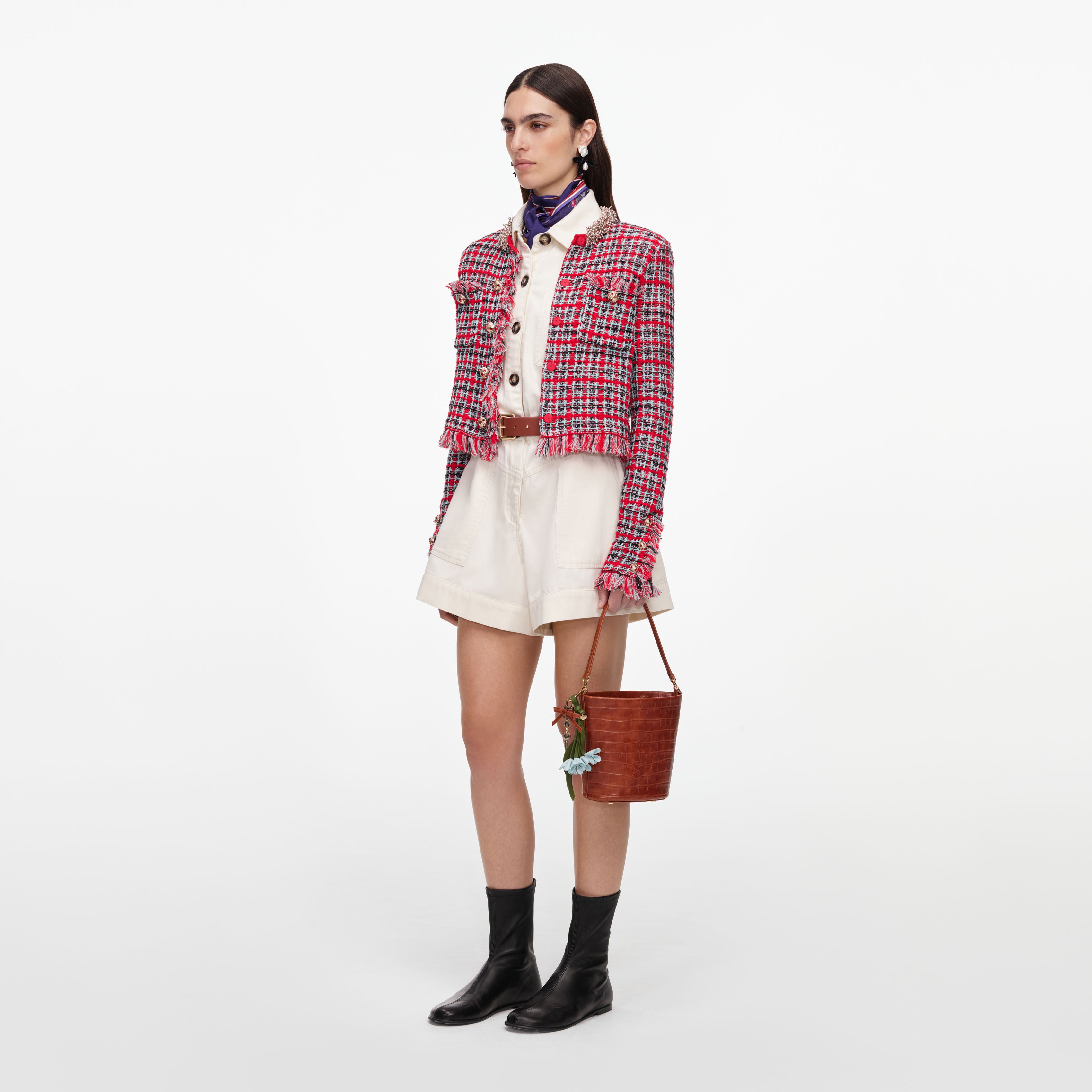 Self Portrait Red Check Frayed Knit Jacke S Rot Karo