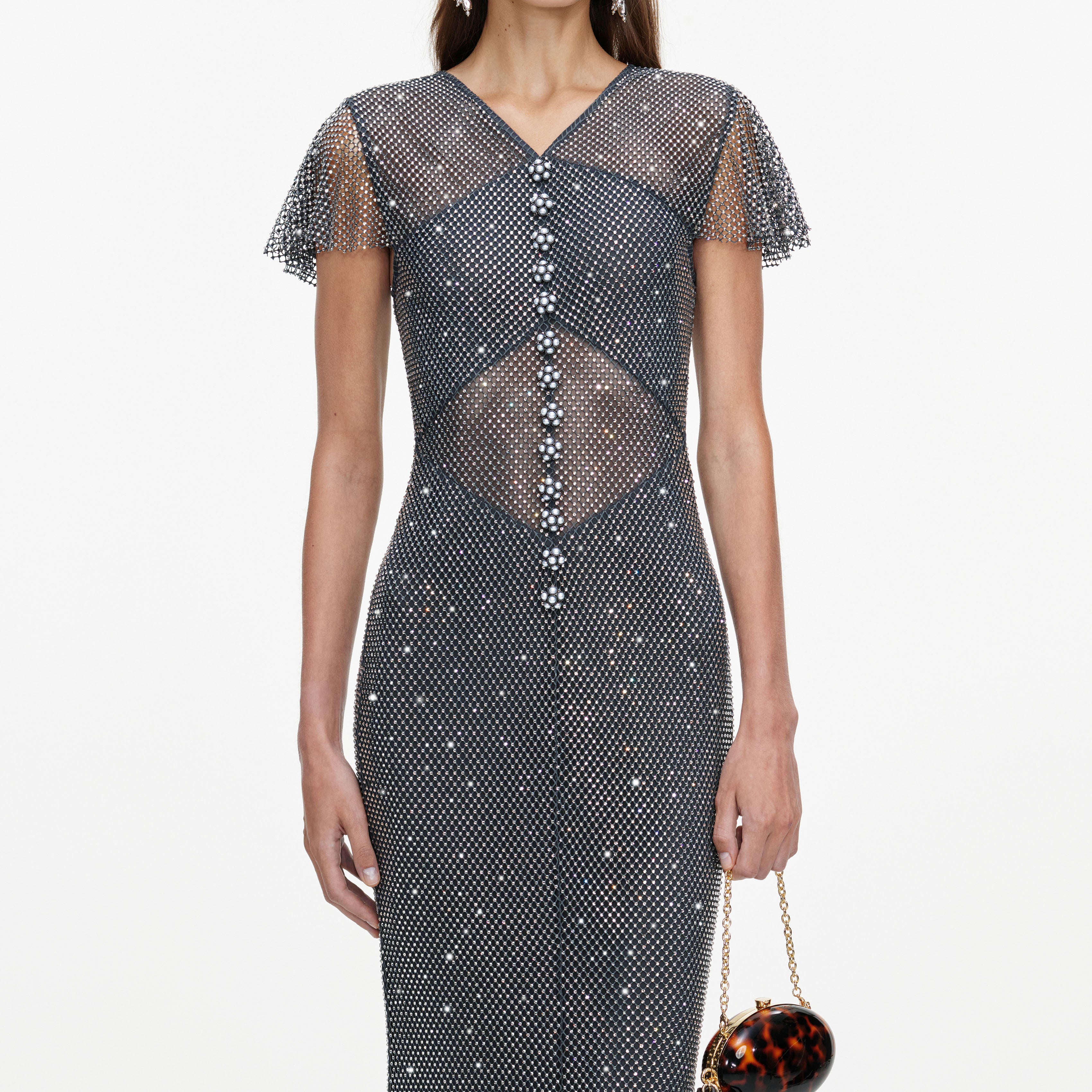 Self Portrait Grey Rhinestone Fishnet Maxi Dress Kleid UK6