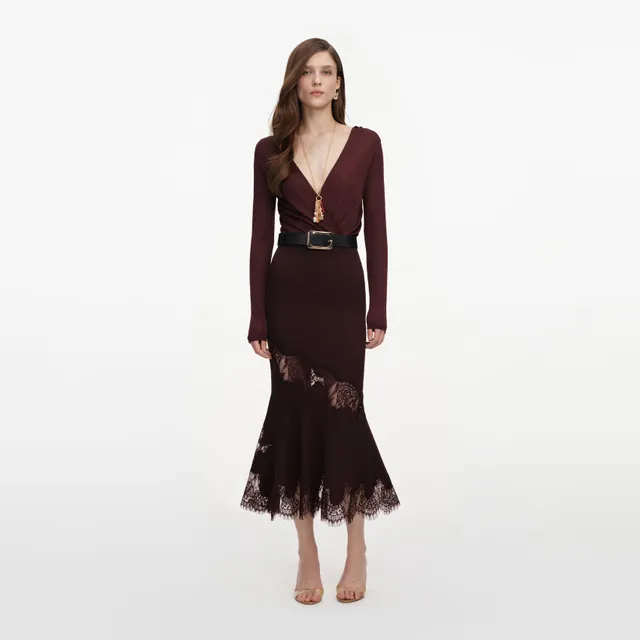 Self Portrait Brown Ribbed Strickrock Braun Midi Viskose