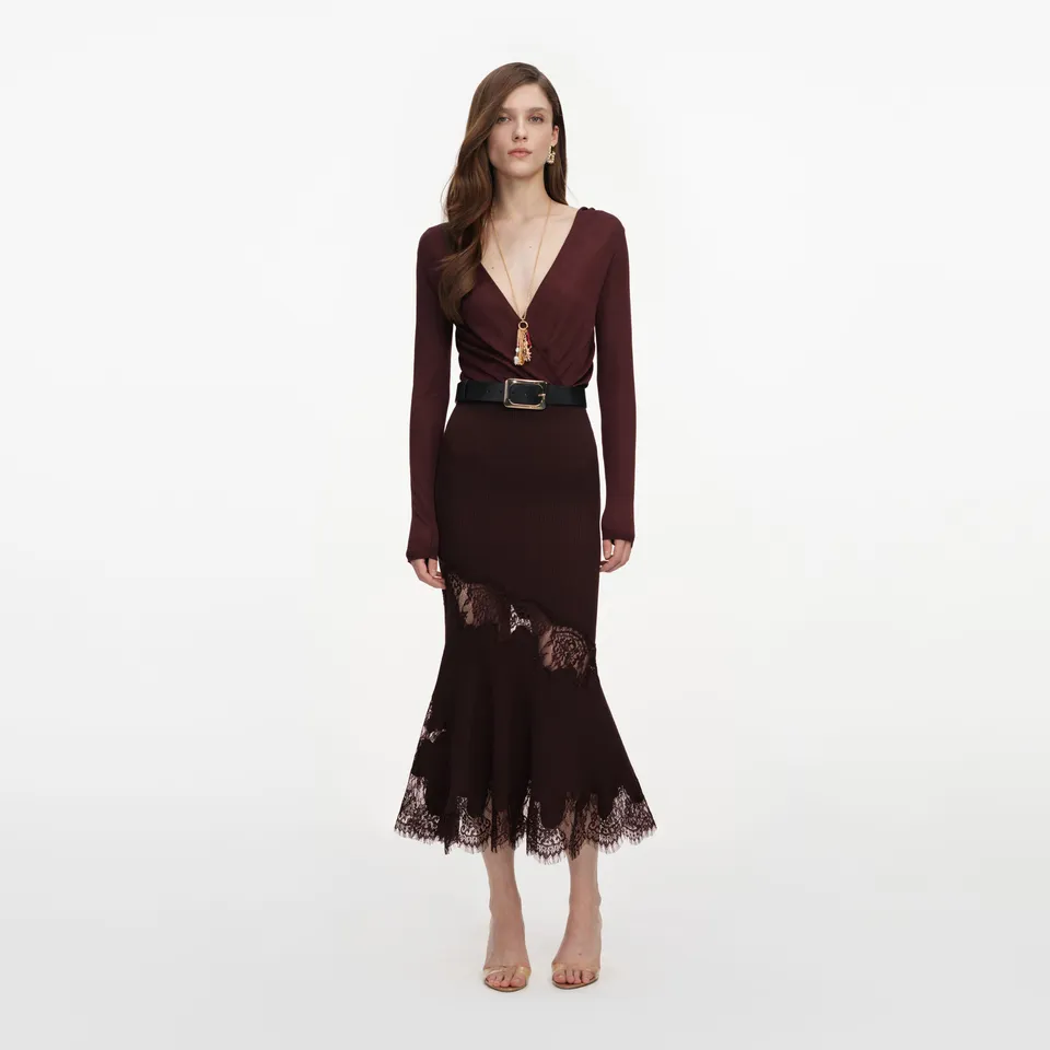 Self Portrait Brown Ribbed Strickrock Braun Midi Viskose