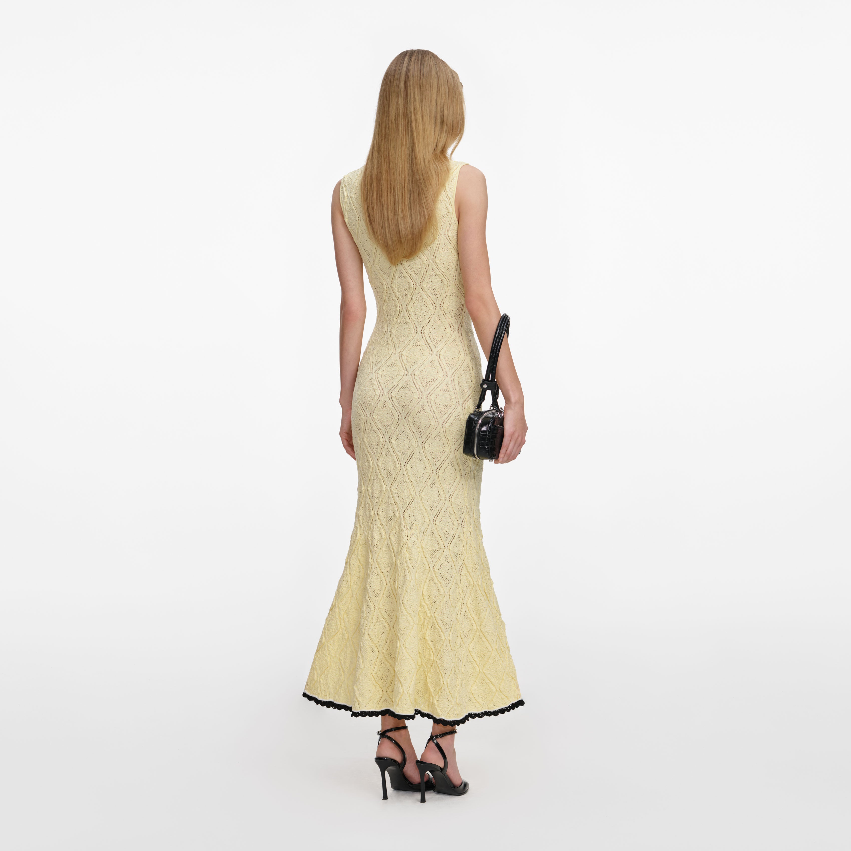 Self Portrait Yellow Pointelle Knit Midi Kleid Gelb S Stickerei