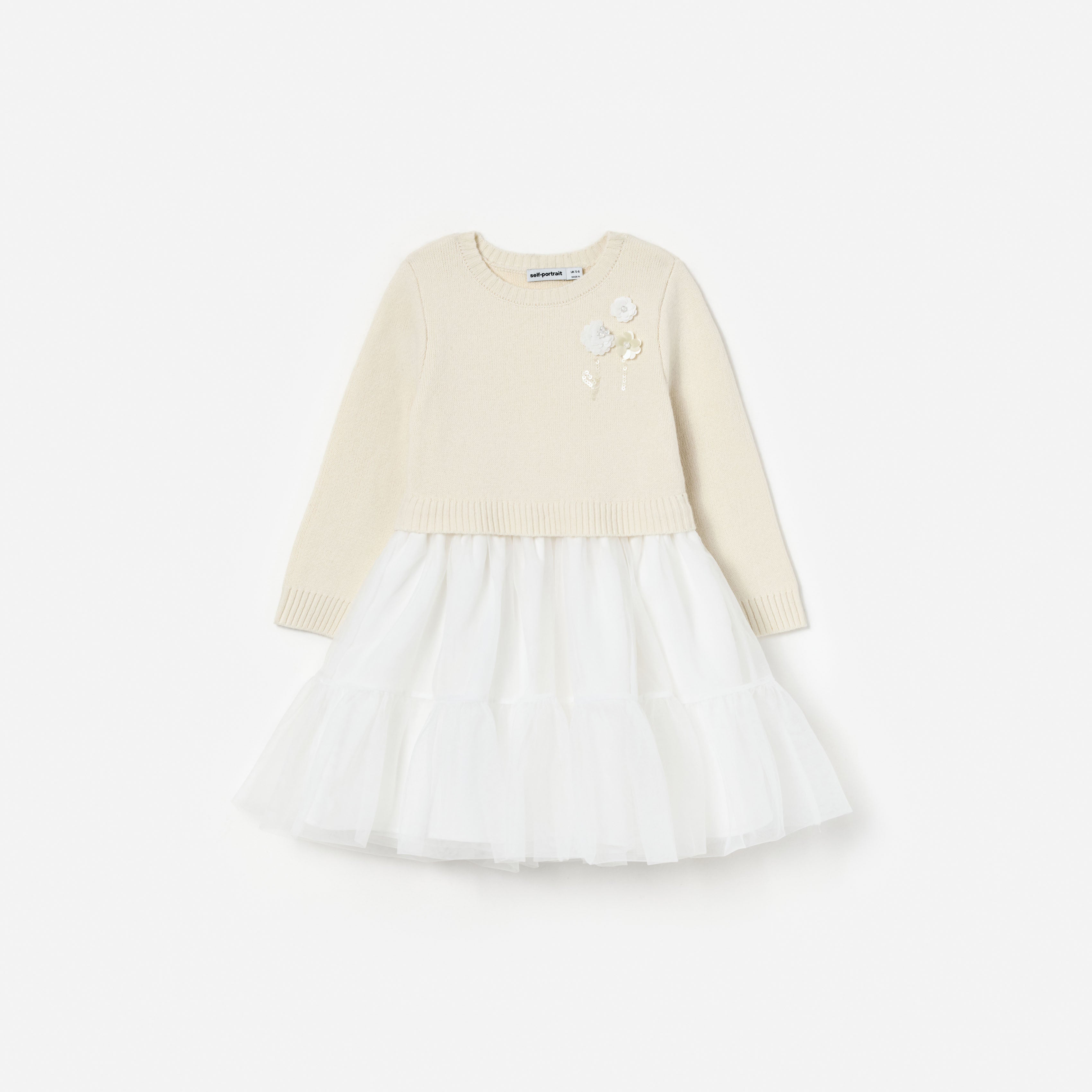 Self Portrait Cream Tulle Knit Kinderkleid Creme Merinowolle