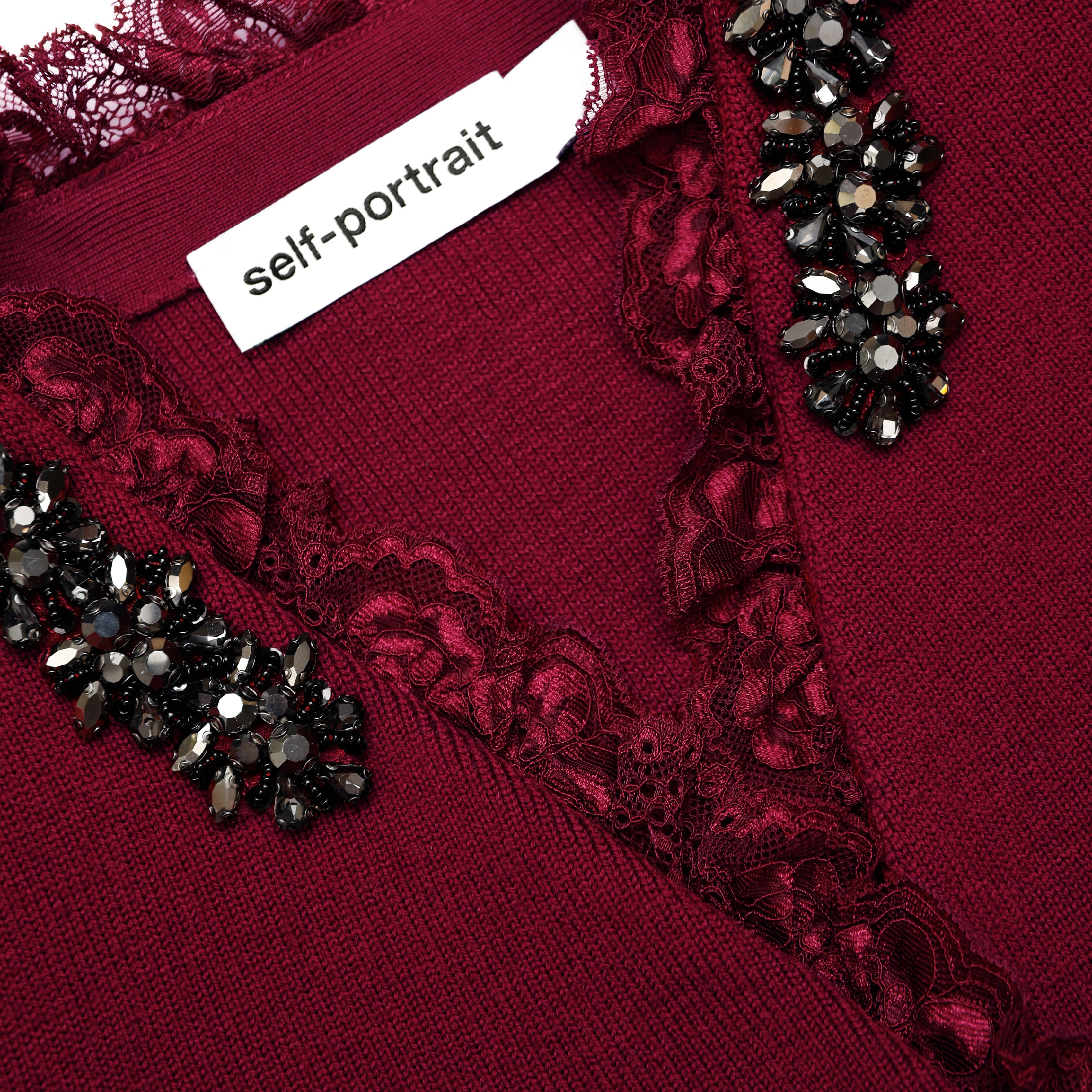 Self Portrait Knitwear Burgundy Crystal Trim Cardigan Strickjacke S