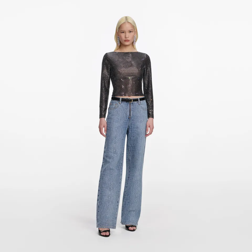 Self Portrait Croc Effect Straight Leg Jeans Blau High Waist