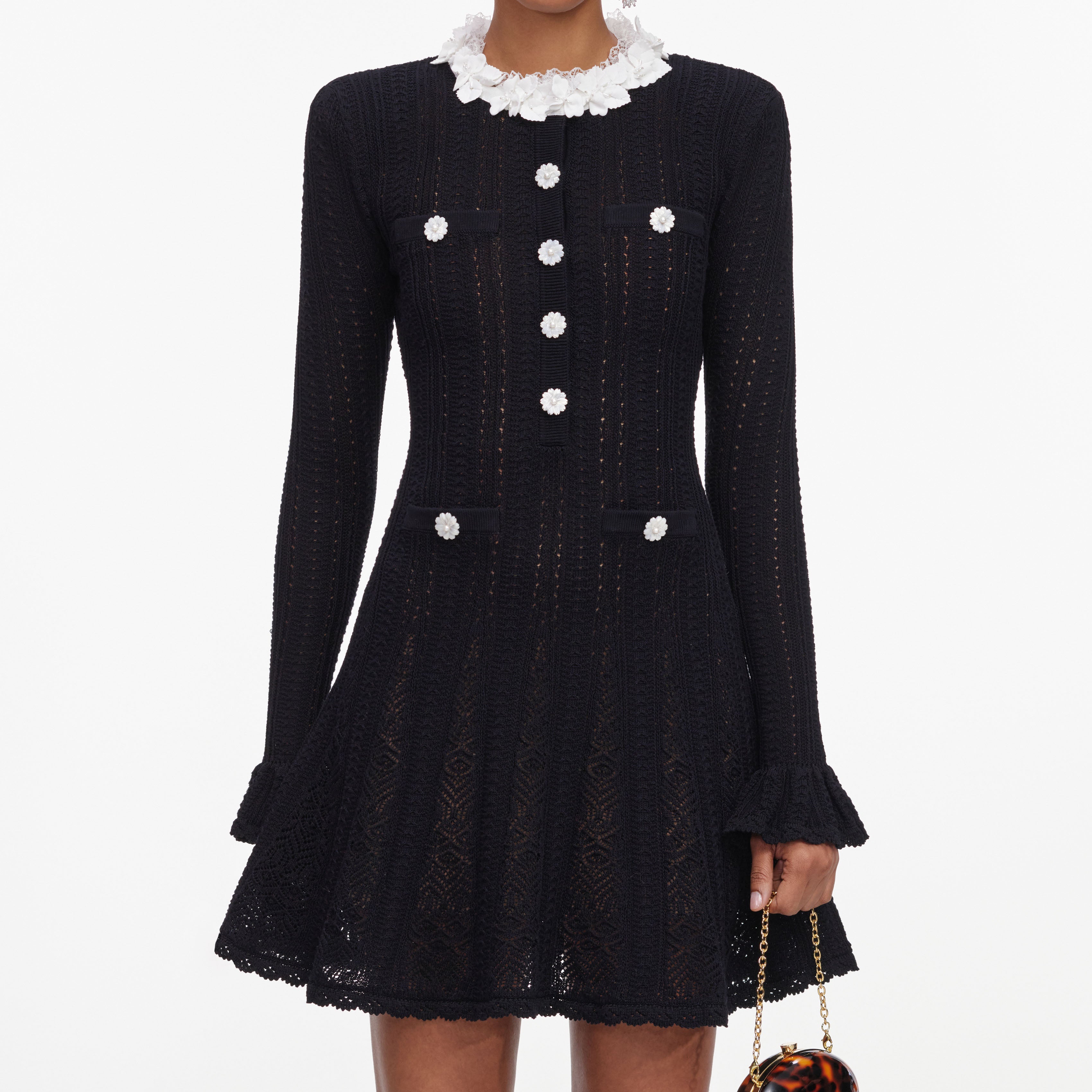 Self Portrait Dresses Black Flower Trim Knit Mini Kleid