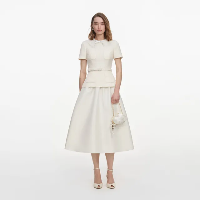 Self Portrait Cream Boucle Taffeta Midi Kleid Creme