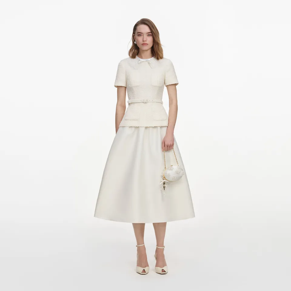 Self Portrait Cream Boucle Taffeta Midi Kleid Creme