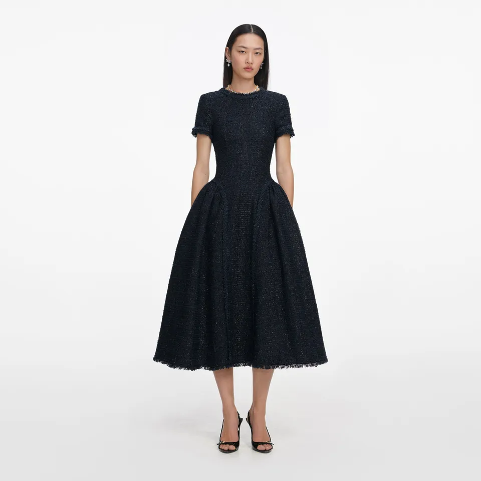 Self Portrait Navy Metallic Boucle Midi Kleid UK 8