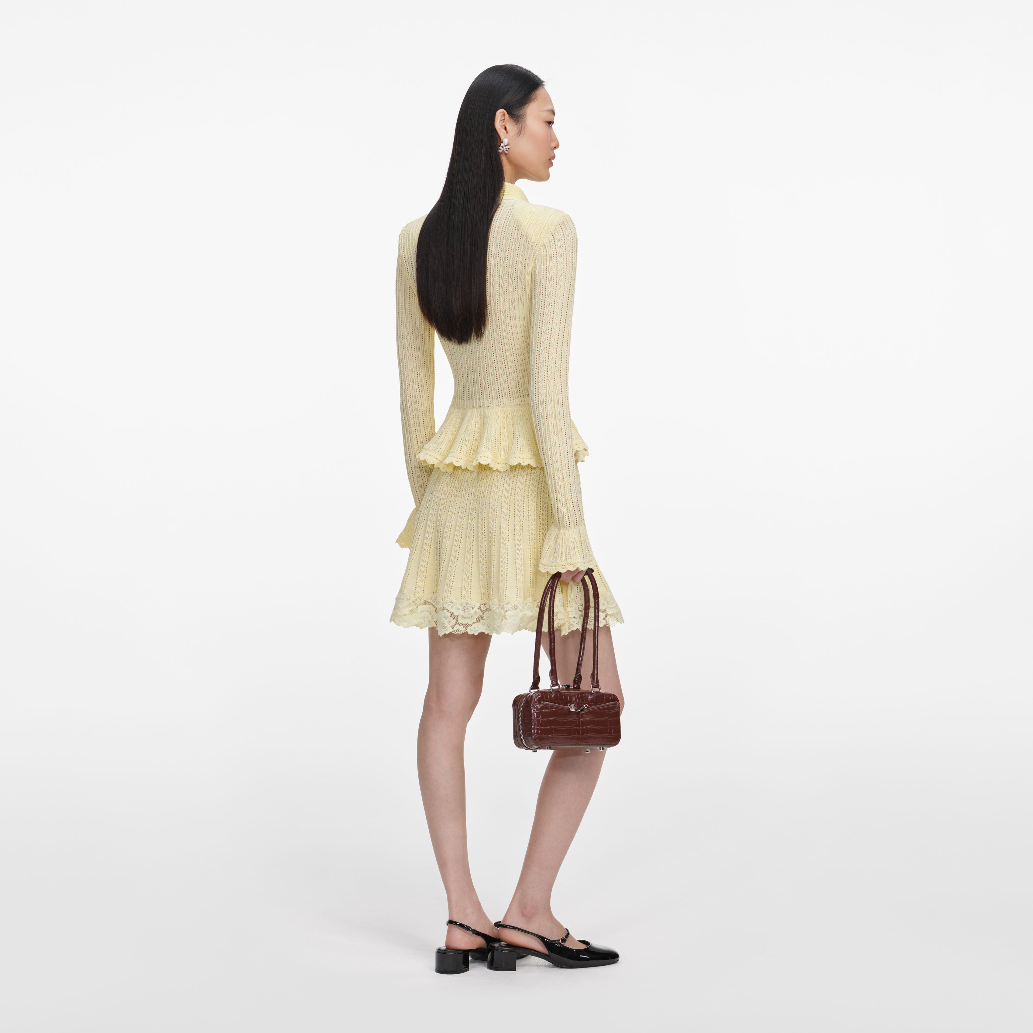Self Portrait Pointelle Peplum Mini Kleid Gelb
