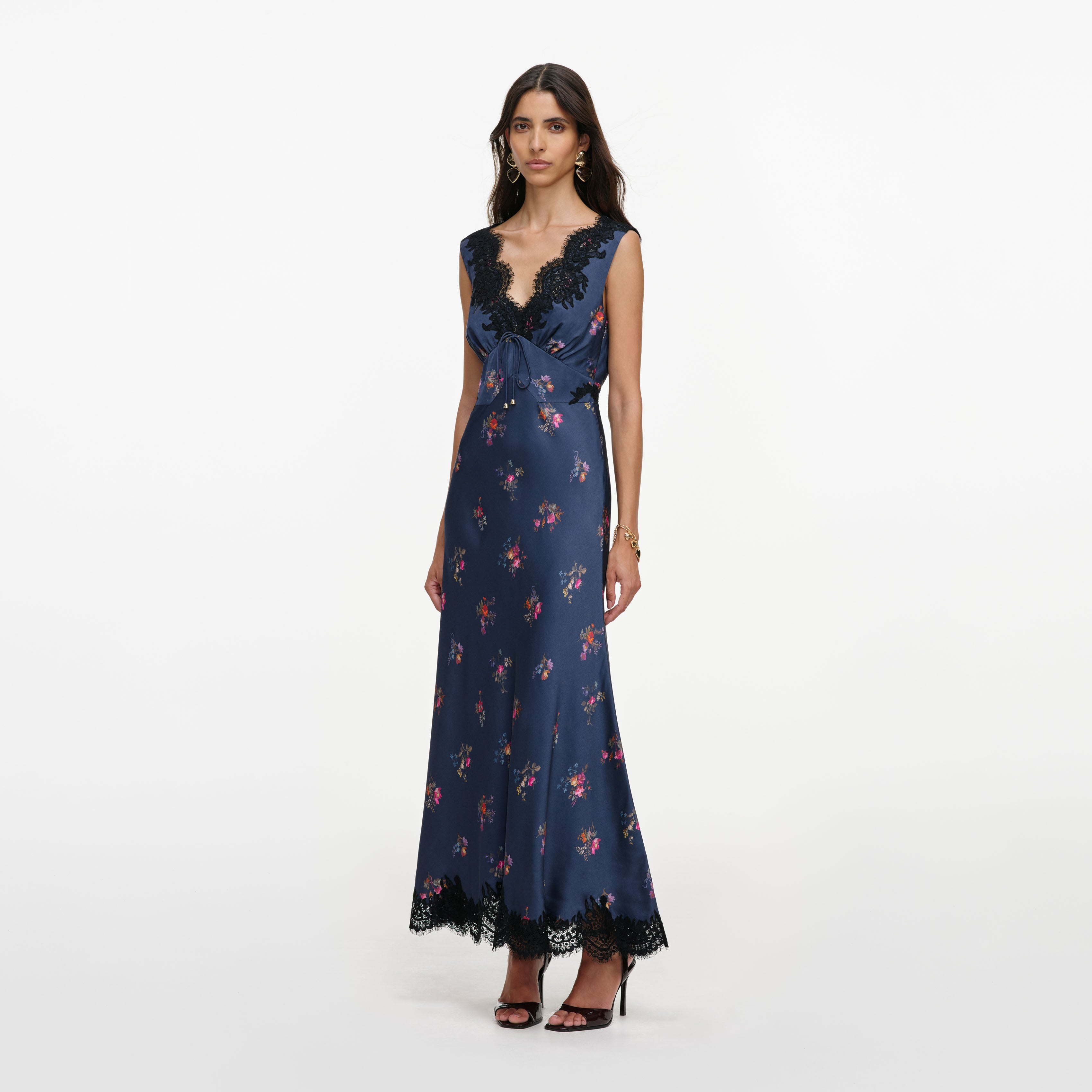 Self Portrait Satin Lace Midi Kleid Navy Blumen Spitze